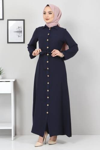 Düğmeli Ayrobin Elbise TSD0341 Lacivert - Thumbnail
