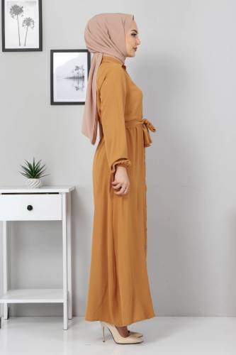 Düğmeli Ayrobin Elbise TSD0341 Hardal - Thumbnail