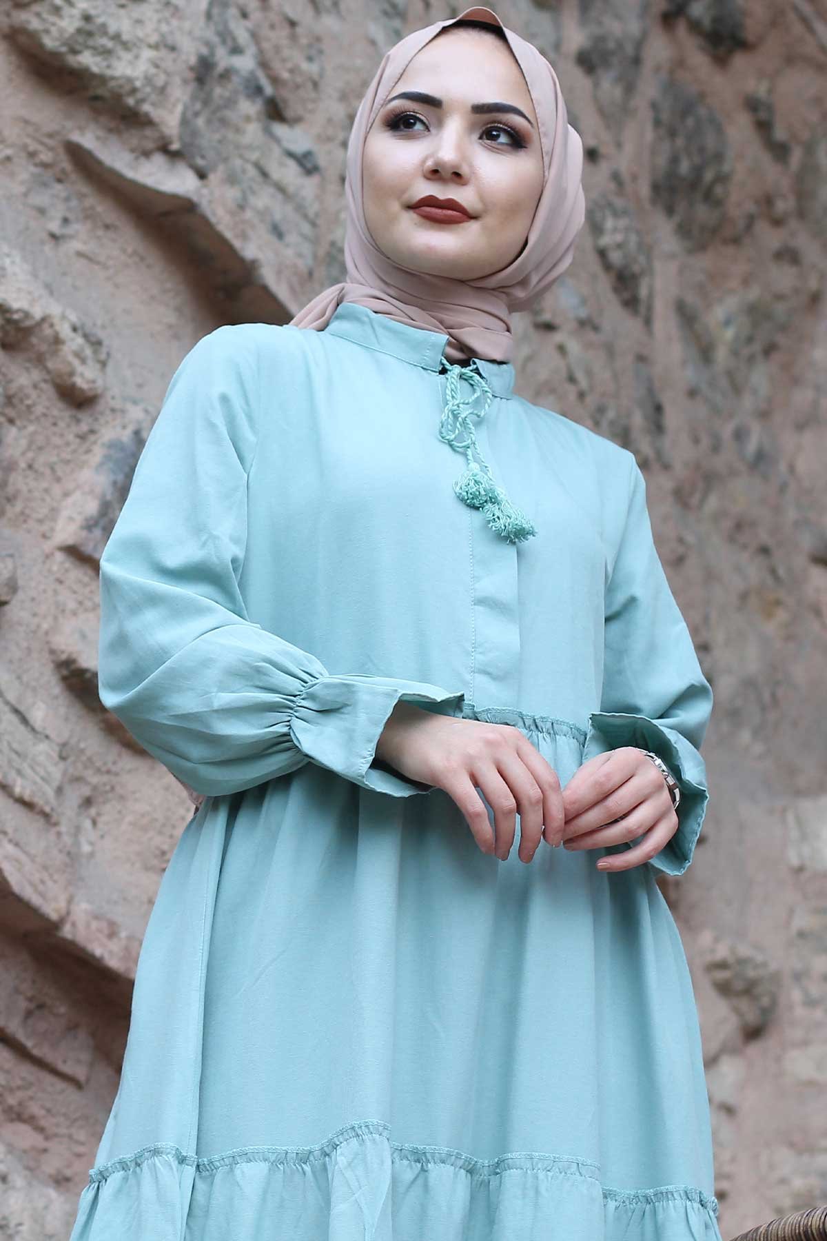 Elastic Sleeve Elastic Detailed Hijab Dress TSD0173 Mint