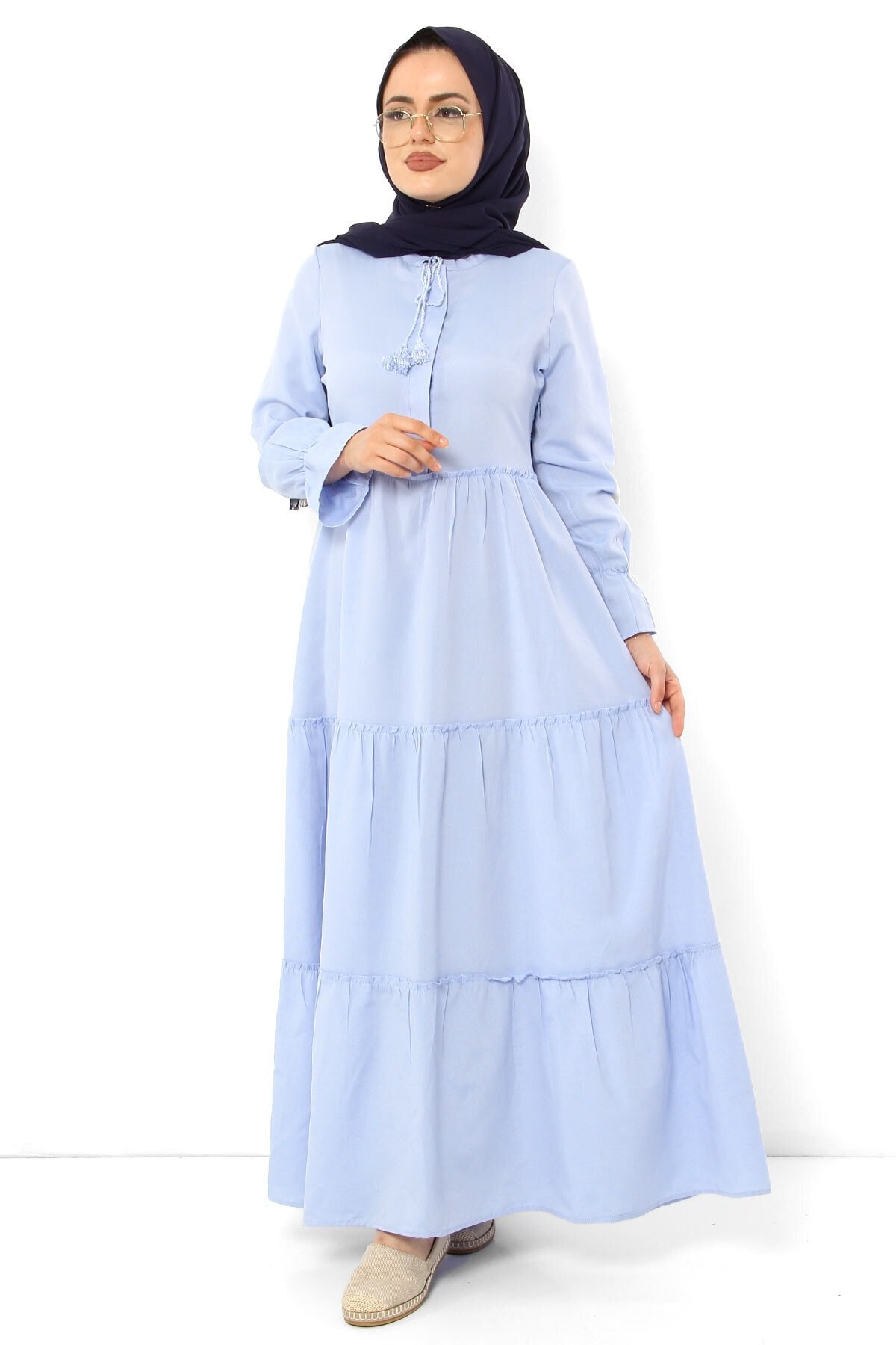 Elastic Sleeve Hijab Dress TSD0173 Baby Blue