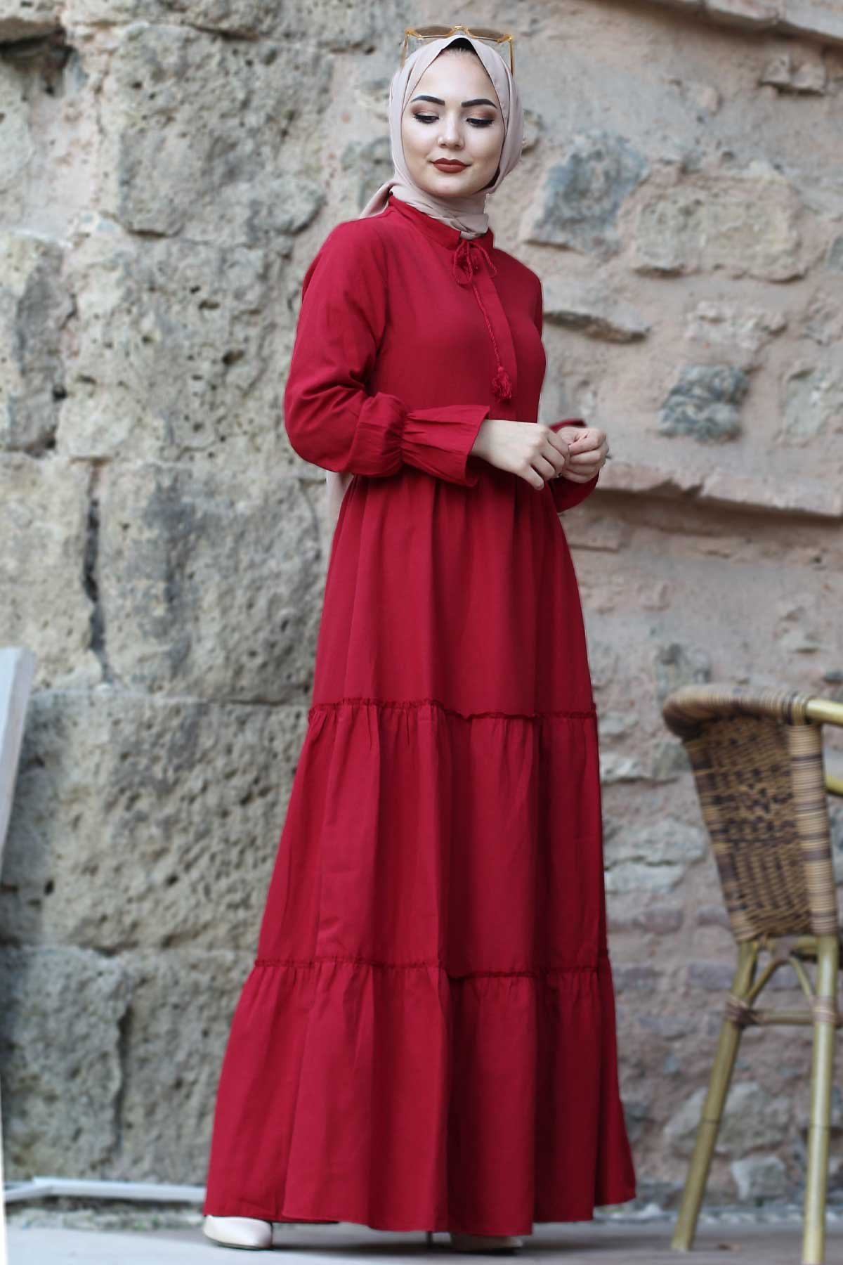 Elastic Sleeve Hijab Dress TSD0173 Claret Red