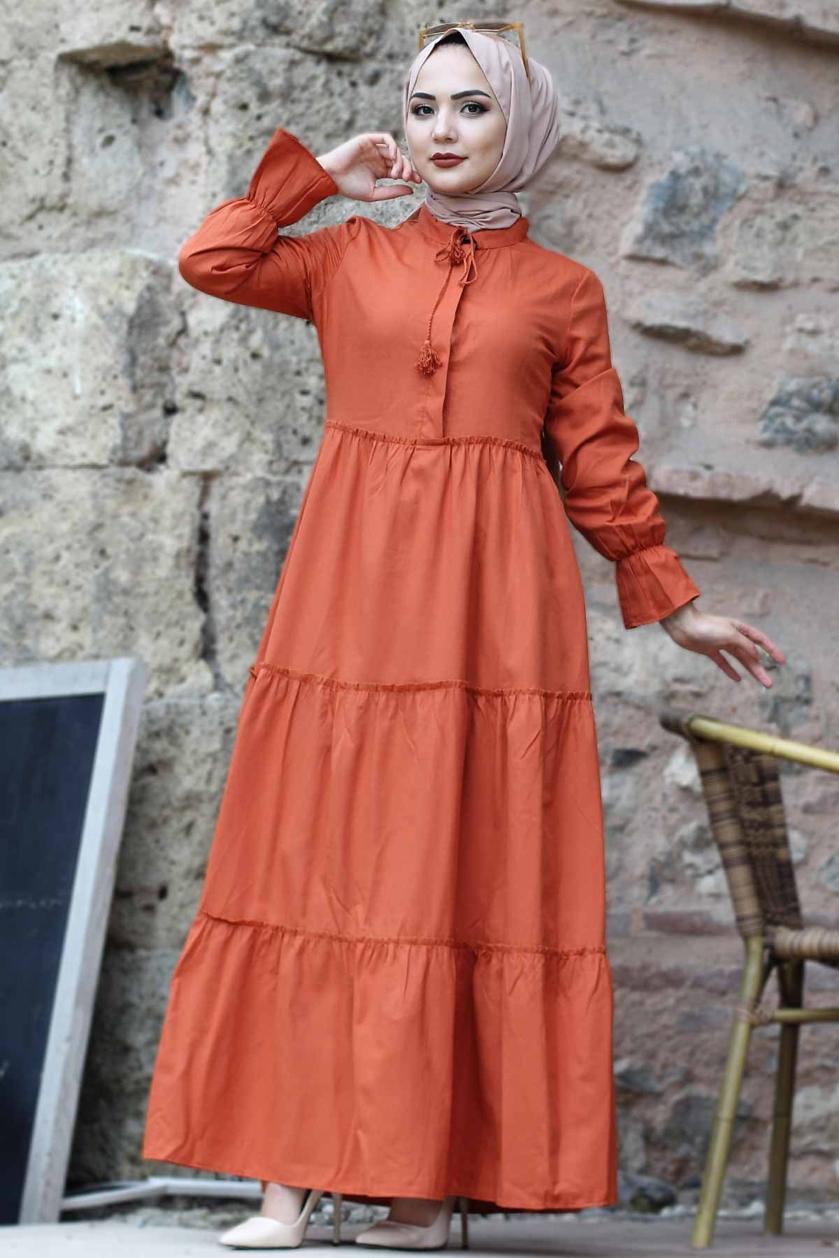 Elastic Sleeve Hijab Dress TSD0173 Orange