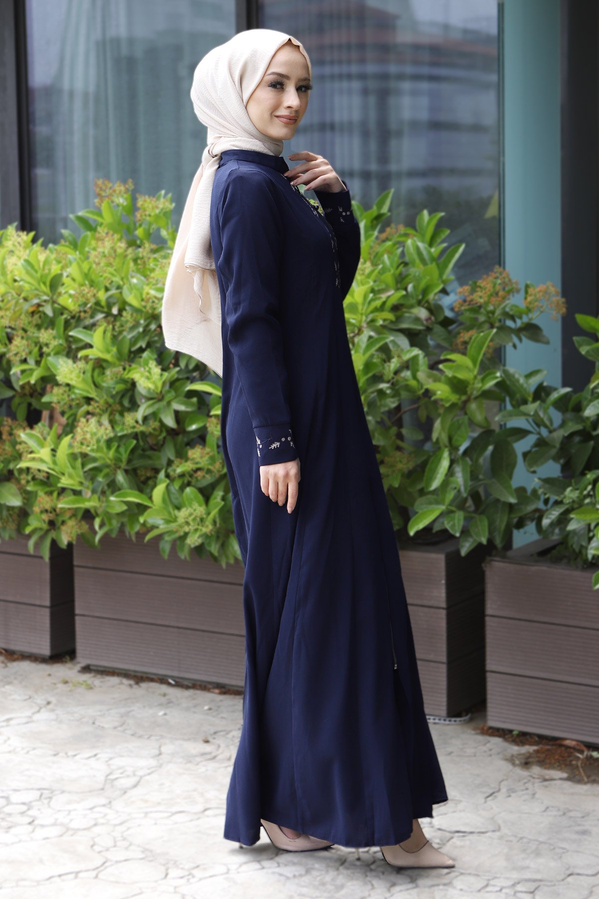 Embroidery Hijab Abaya TSD7026 Navy Blue