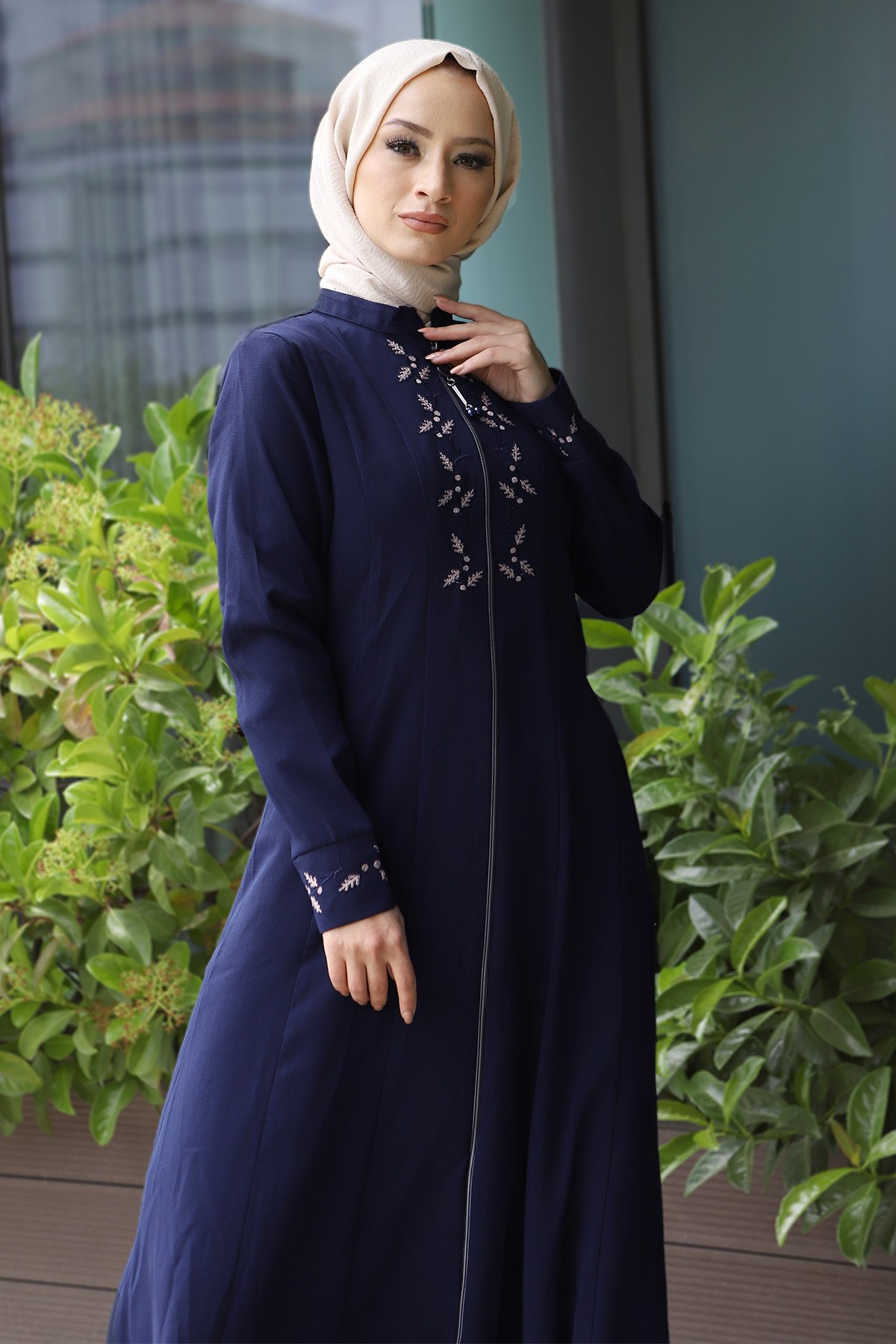 Embroidery Hijab Abaya TSD7026 Navy Blue