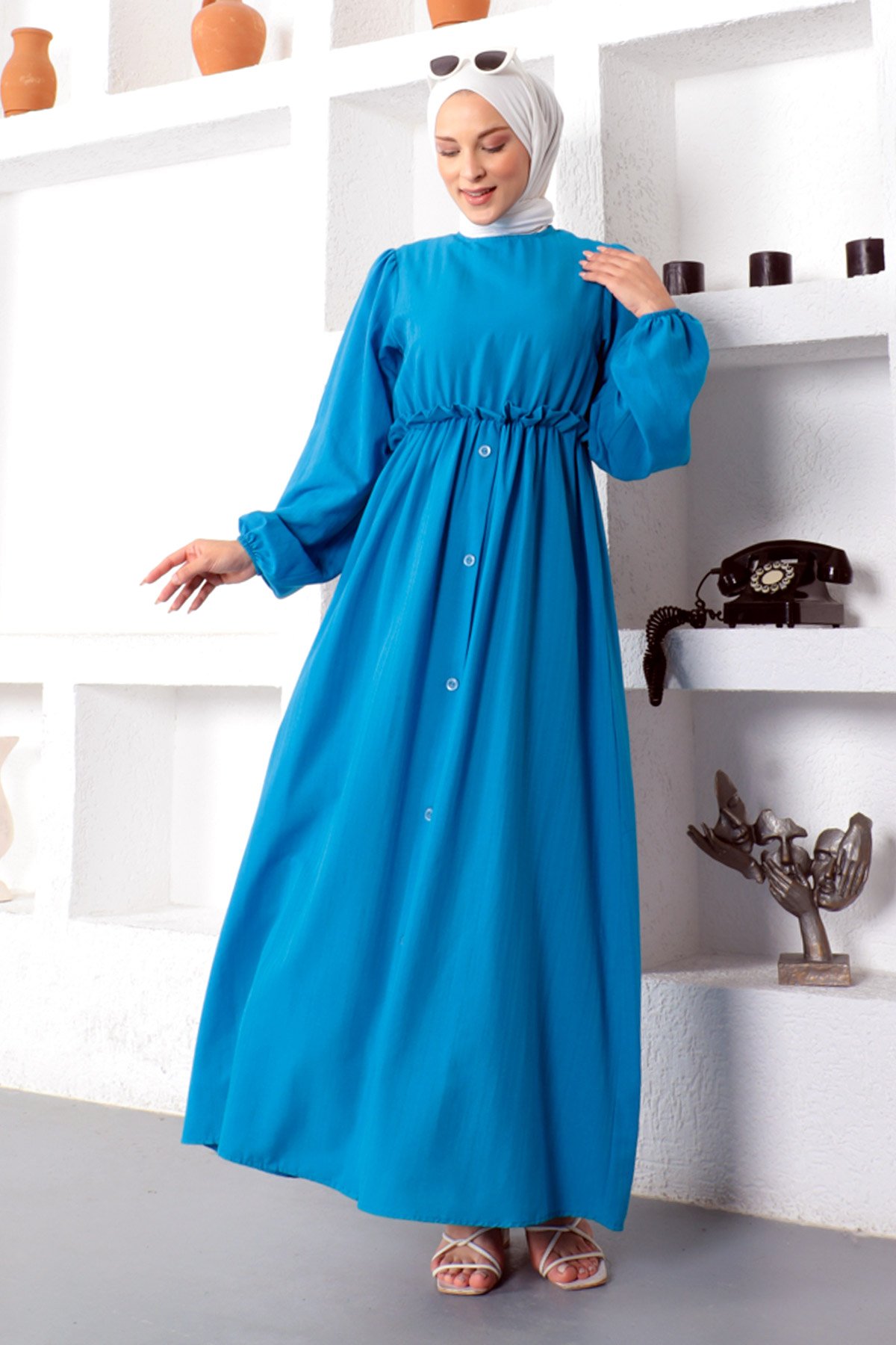 Eteği Düğme Detaylı Elbise TSD221206 Mavi