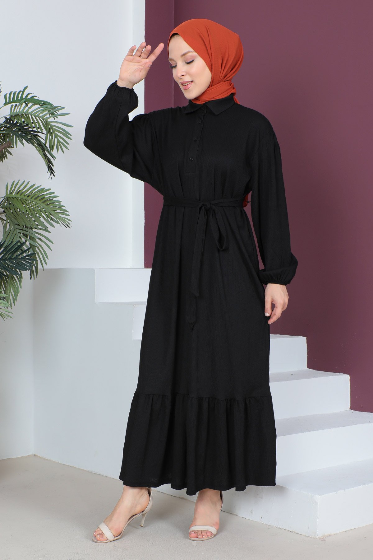 Eteği Volanlı Bürümcük Elbise TSD230515 Siyah