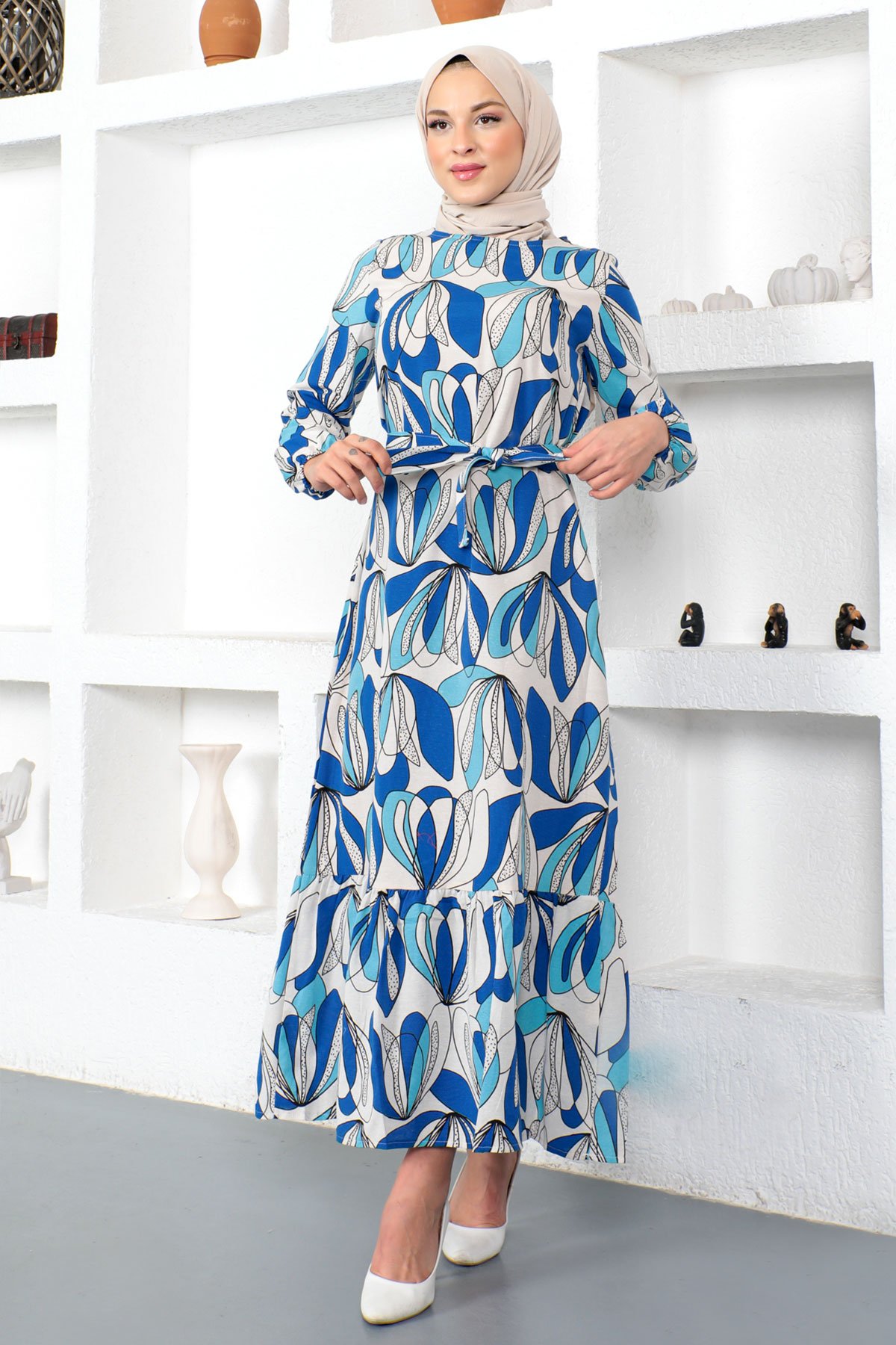 Eteği Volanlı Desenli Elbise TSD230221 Mavi