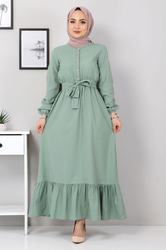 Eteği Volanlı Elbise TSD4407 Mint Yeşili