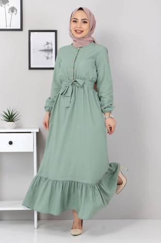 Eteği Volanlı Elbise TSD4407 Mint Yeşili - Thumbnail