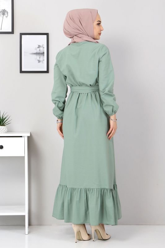 Eteği Volanlı Elbise TSD4407 Mint Yeşili