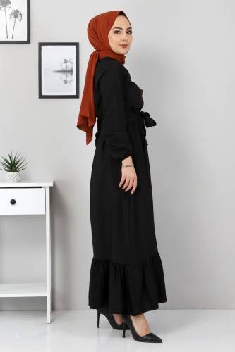 Eteği Volanlı Elbise TSD4407 Siyah - Thumbnail