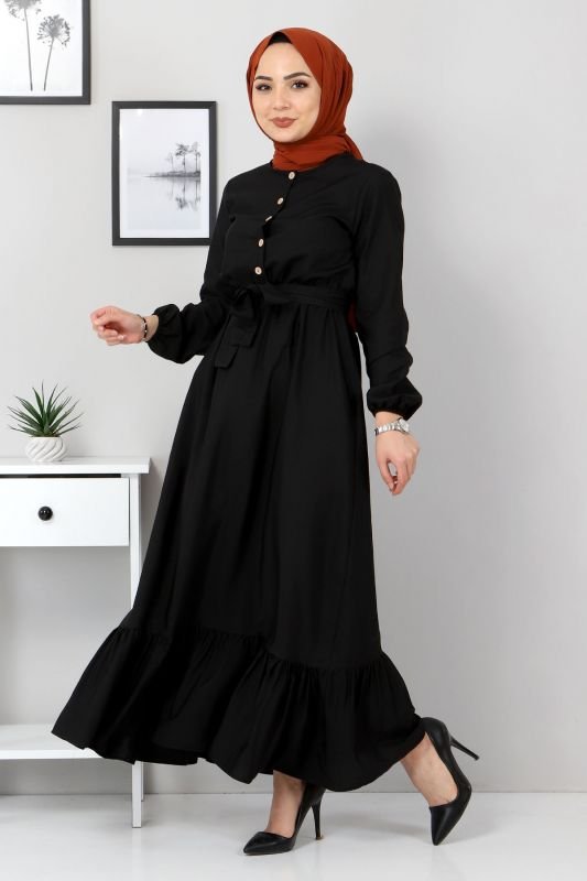 Eteği Volanlı Elbise TSD4407 Siyah