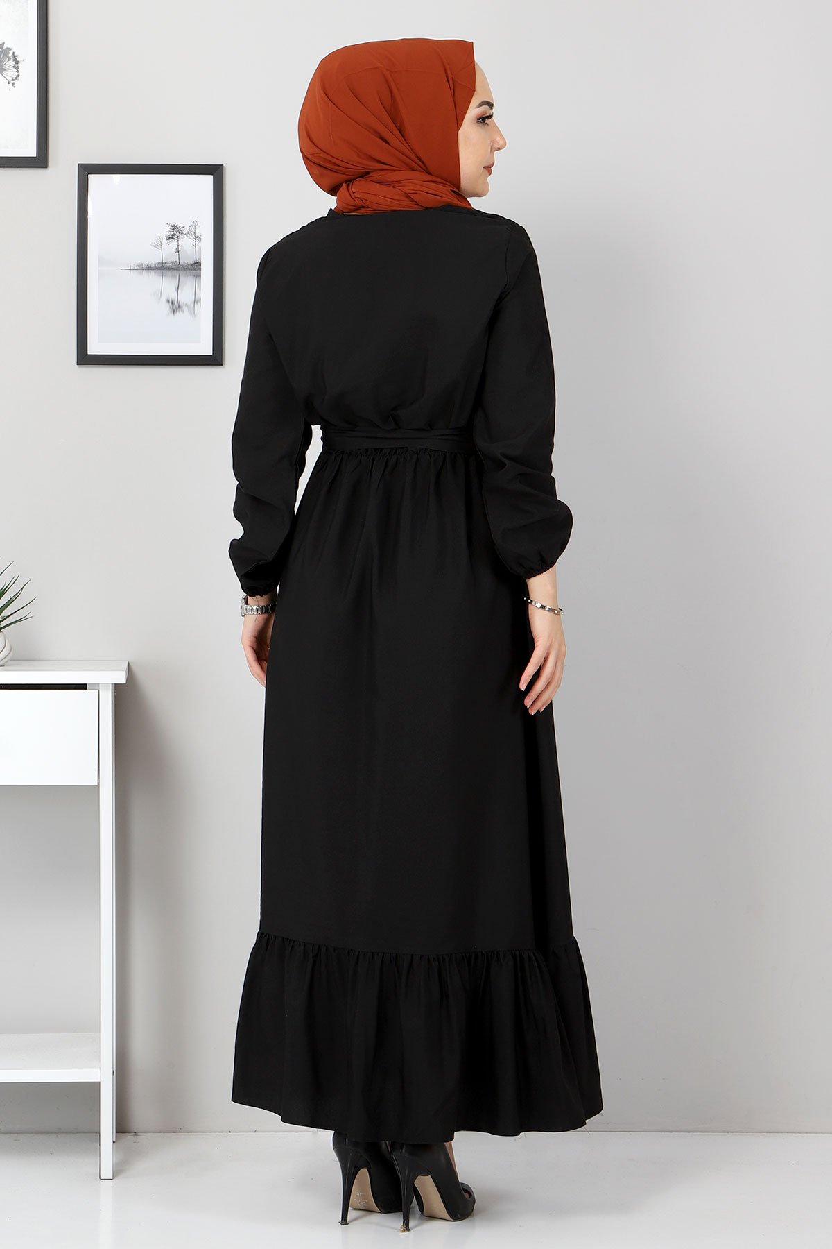 Eteği Volanlı Elbise TSD4407 Siyah