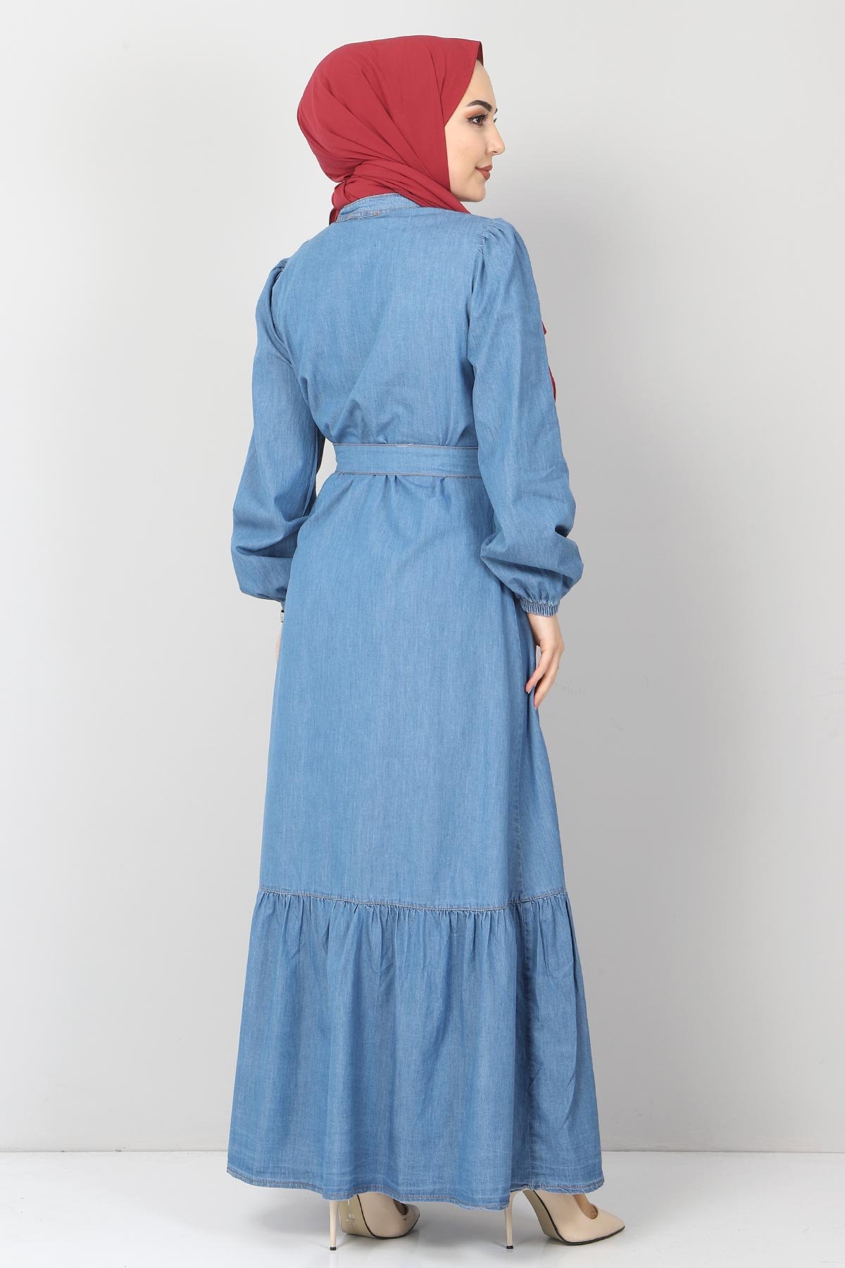 Eteği Volanlı Kot Elbise TSD2202 Açık Mavi