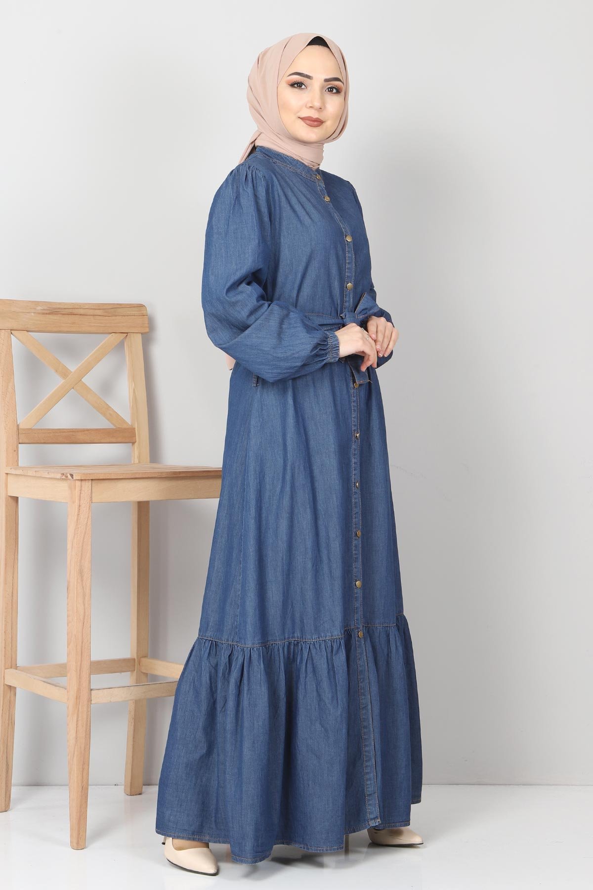 Eteği Volanlı Kot Elbise TSD2202 Koyu Mavi