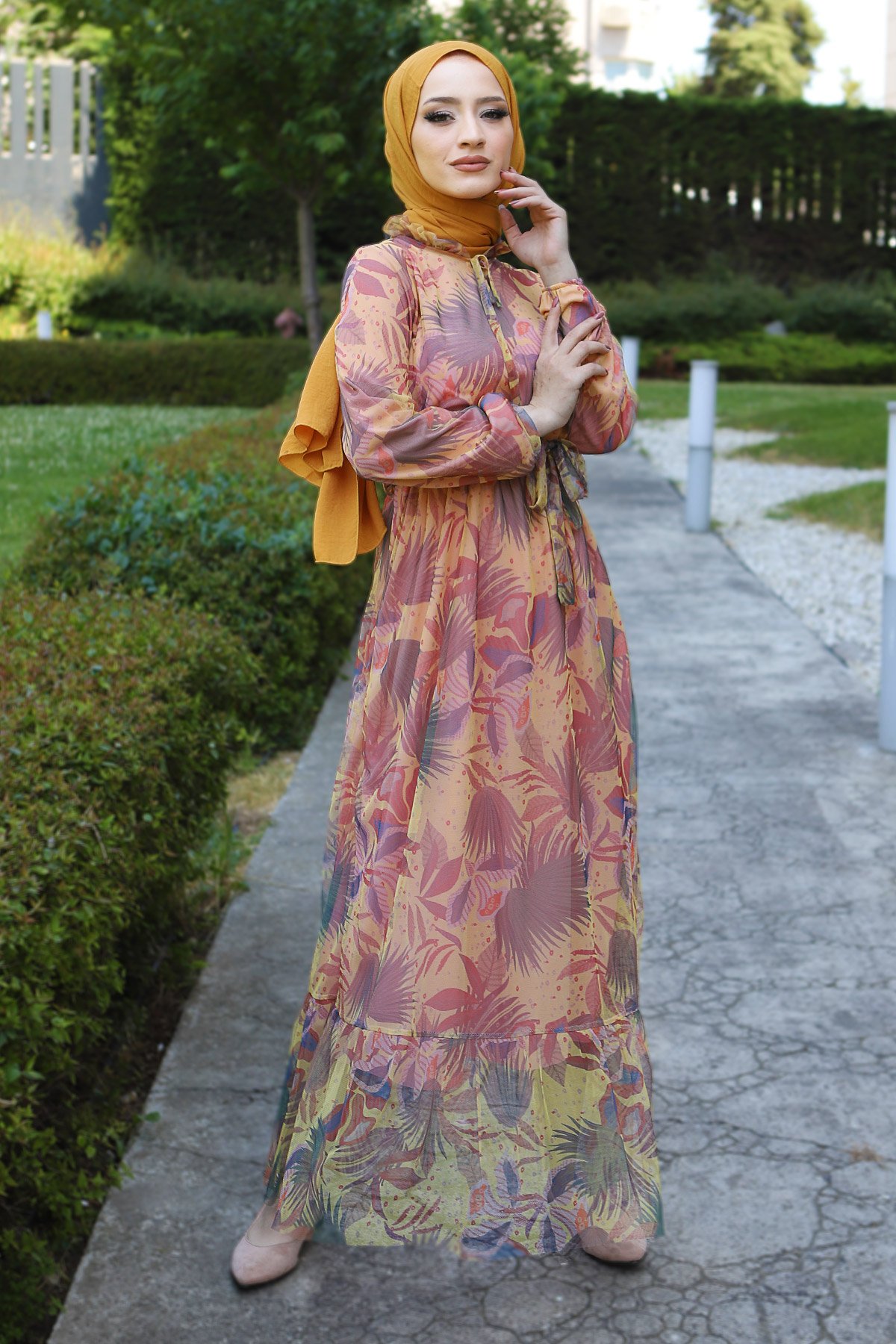 Eteği Volanlı Tül Elbise TSD220527 Sarı