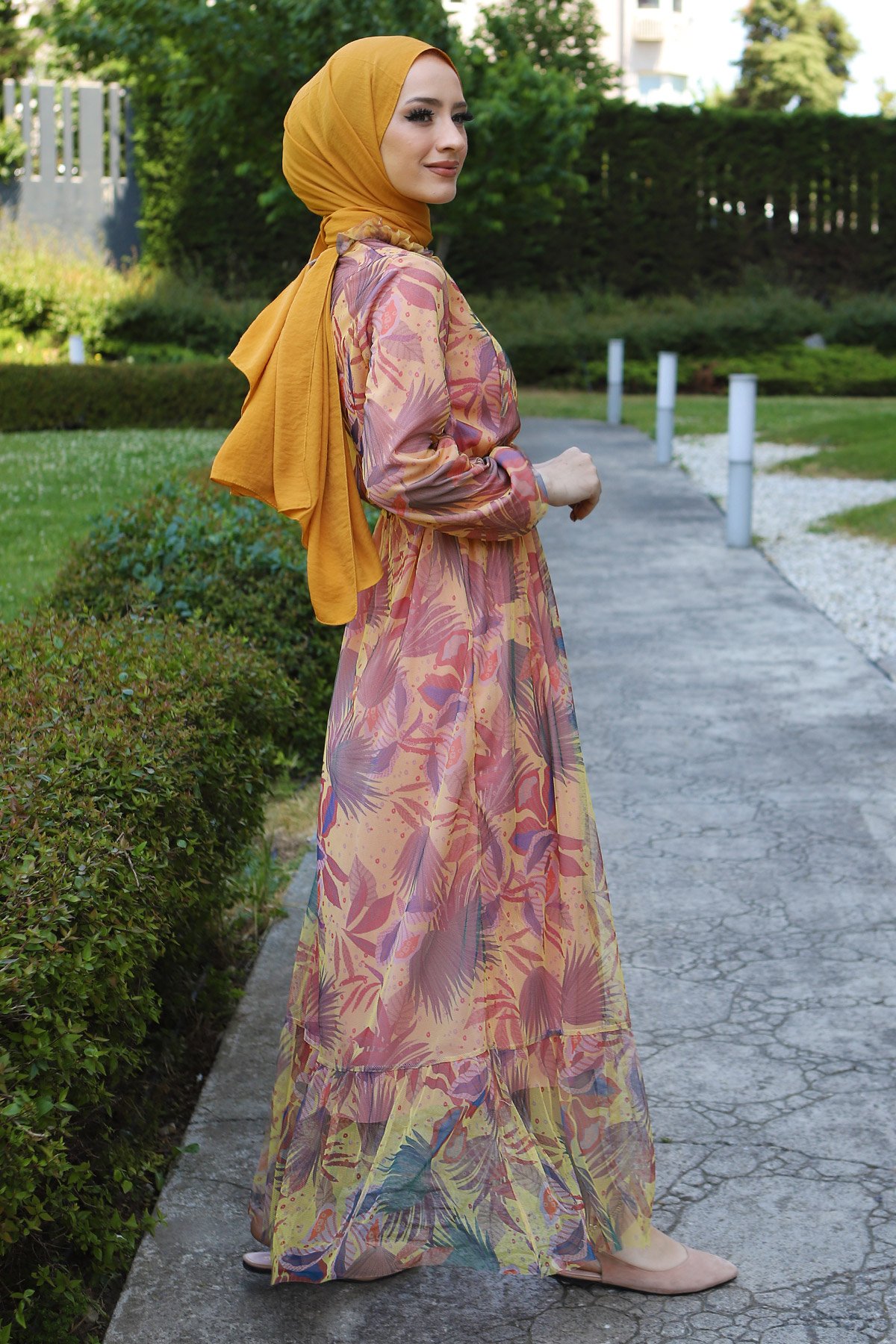 Eteği Volanlı Tül Elbise TSD220527 Sarı