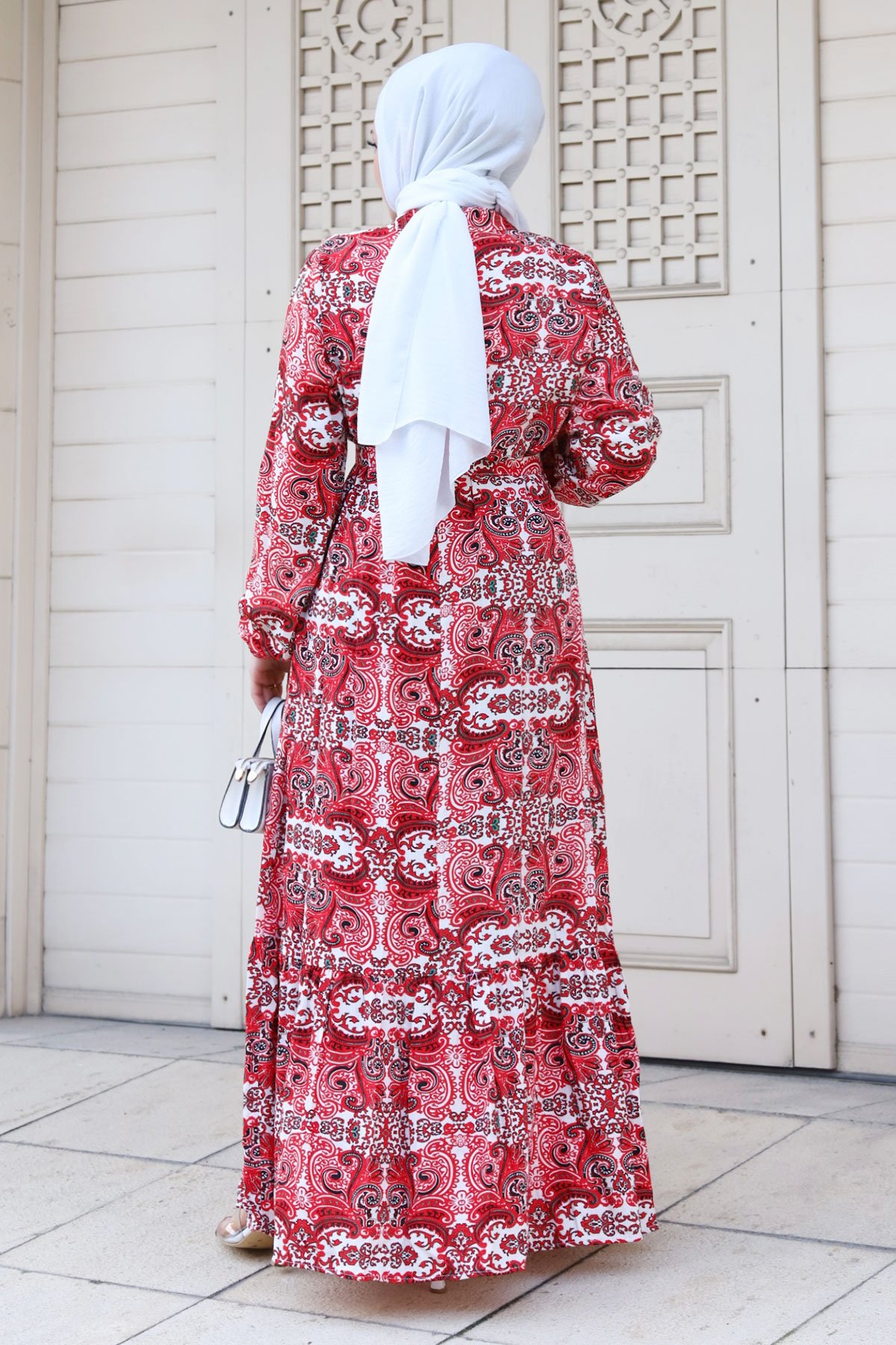 Etnik Desenli Eteği Volanlı Elbise TSD240211 Kırmızı