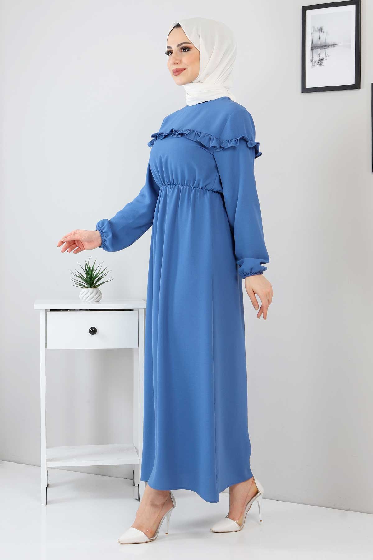  Fırfır Detaylı Elbise TSD220130 Mavi