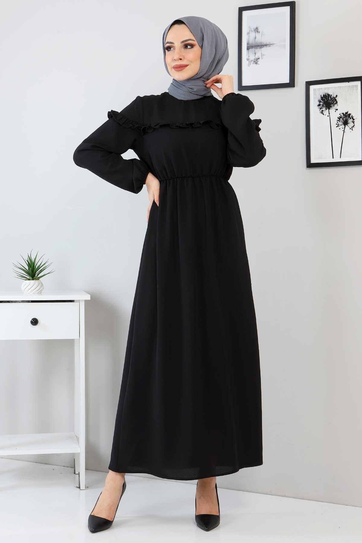  Fırfır Detaylı Elbise TSD220130 Siyah