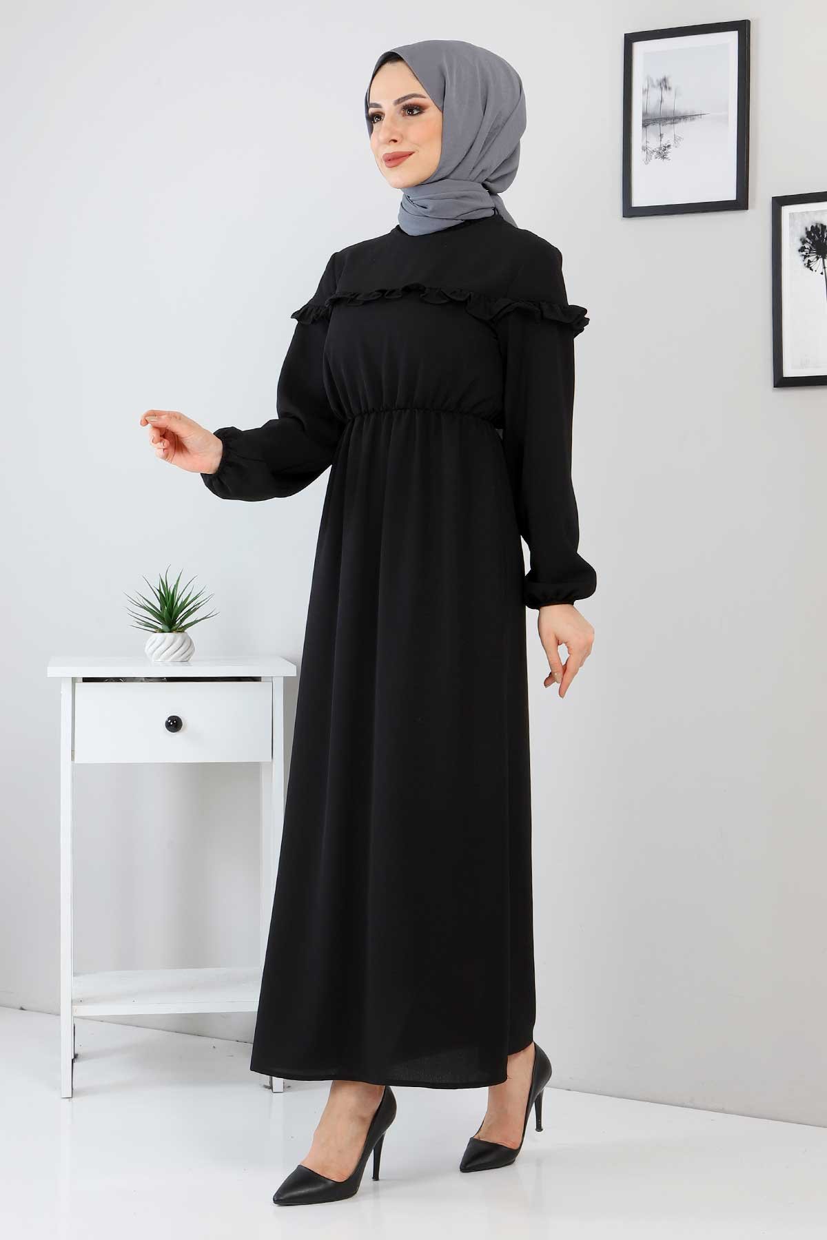  Fırfır Detaylı Elbise TSD220130 Siyah