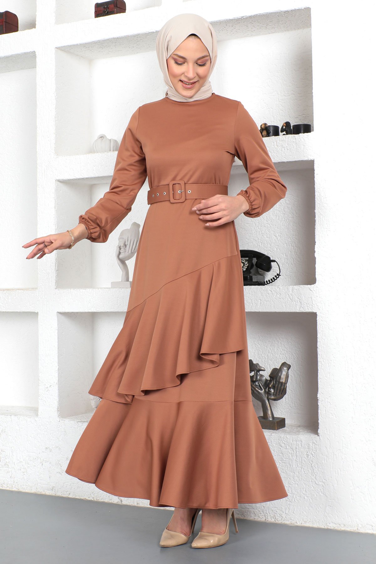 Fırfırlı Elbise TSD230401 Camel