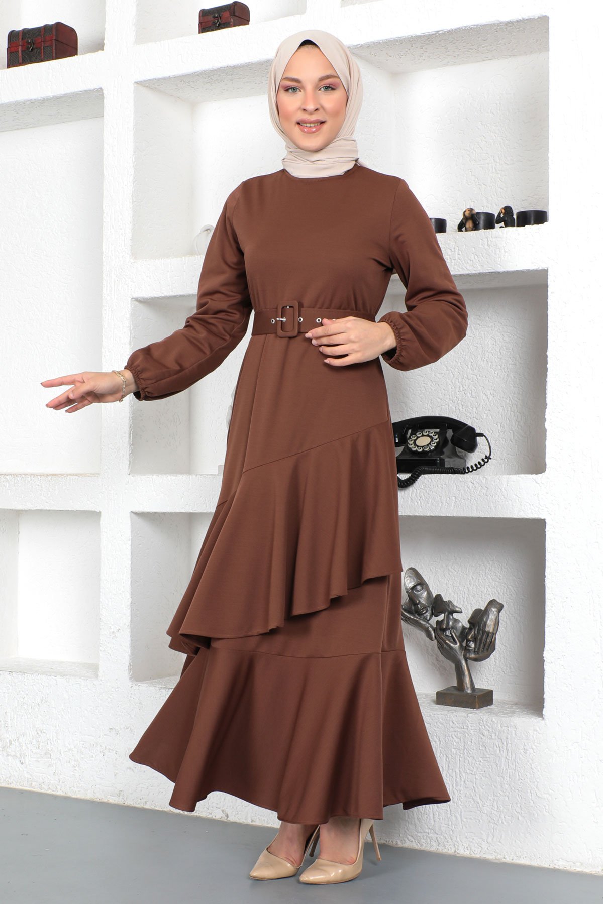 Fırfırlı Elbise TSD230401 Kahverengi
