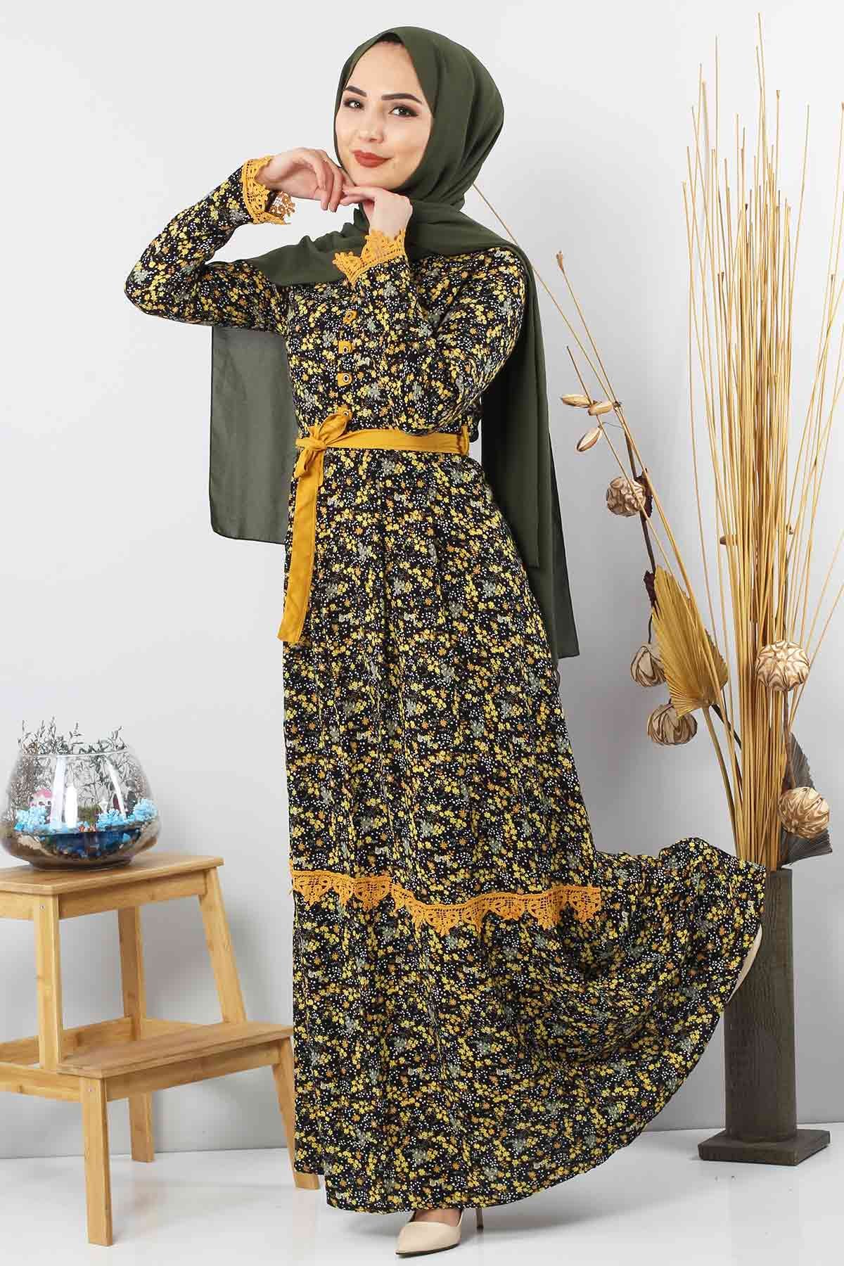 Floral Patterned Lace Detailed Dress TSD3058 Mustard