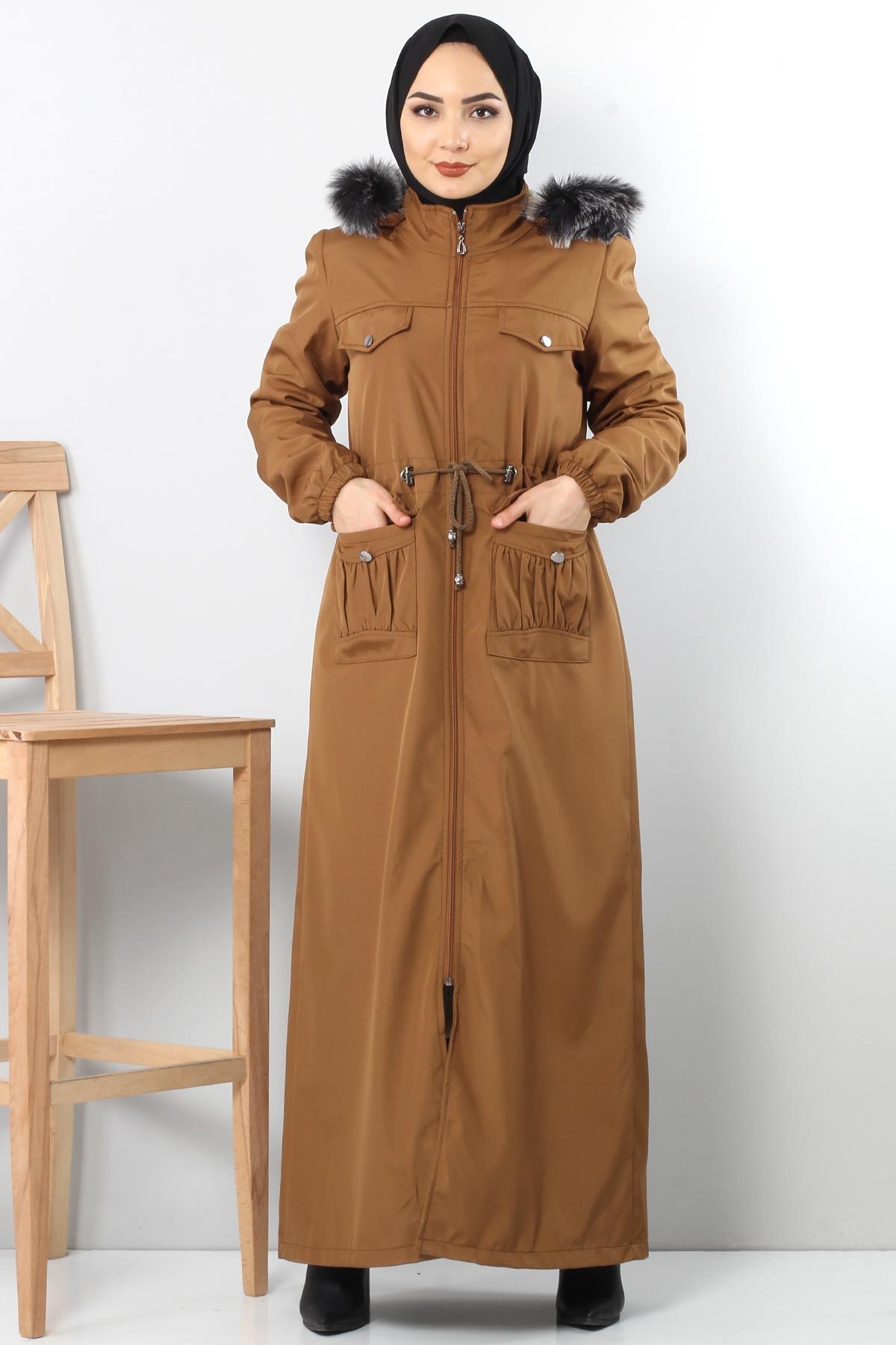 Full length coat TSD8907 with pockets Brown.