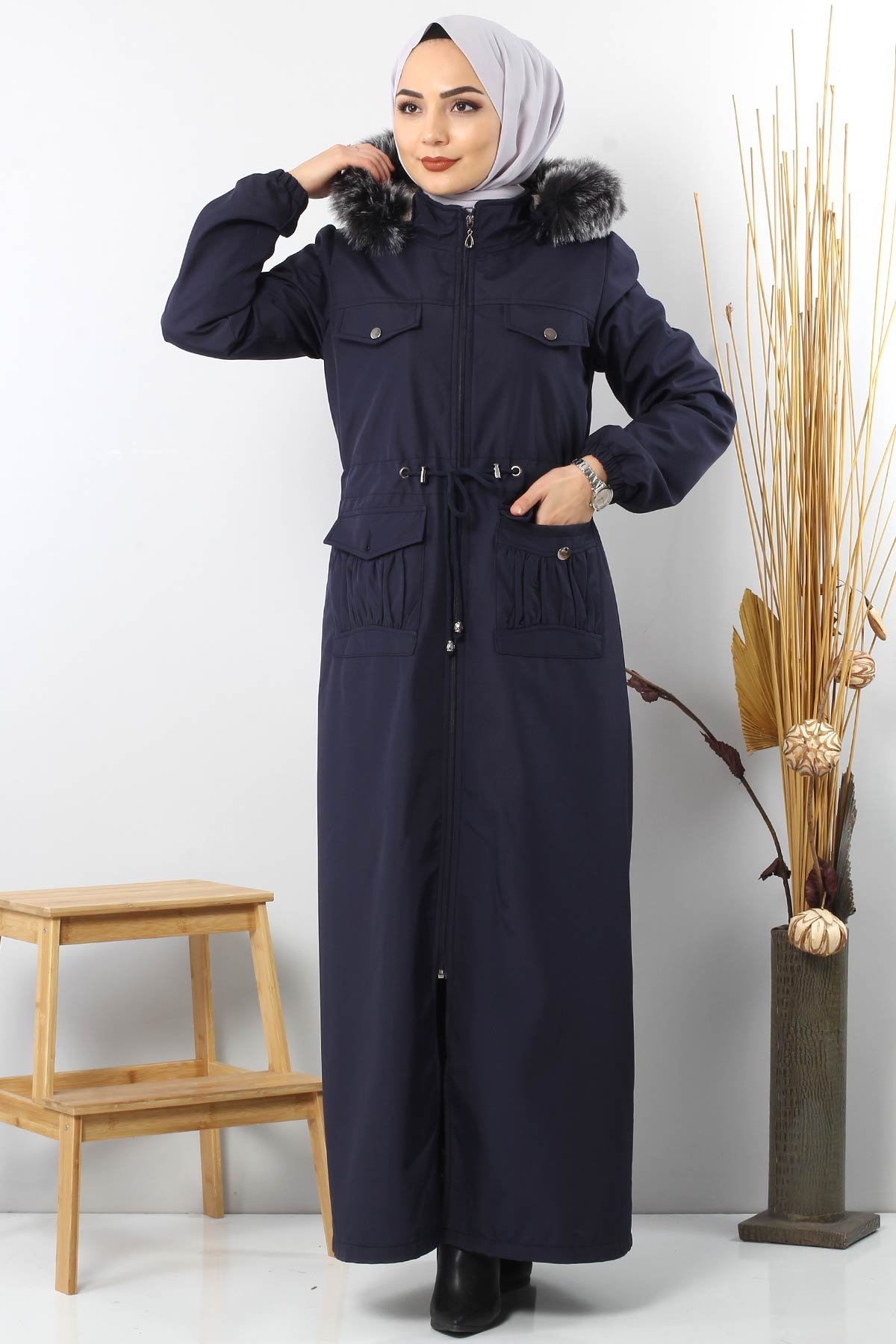 Full length coat TSD8907 with pockets Dark Blue.