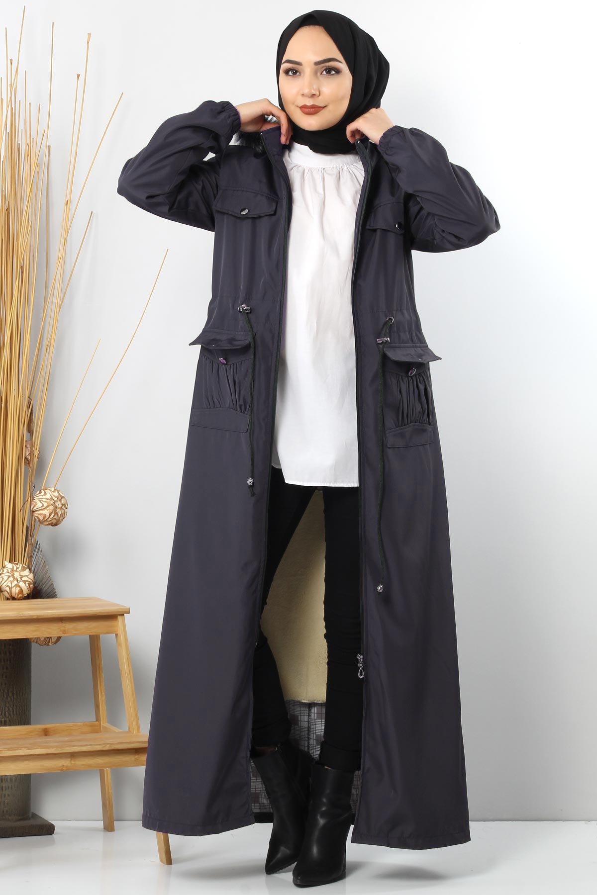 Full length coat TSD8907 with pockets Dark Gray.