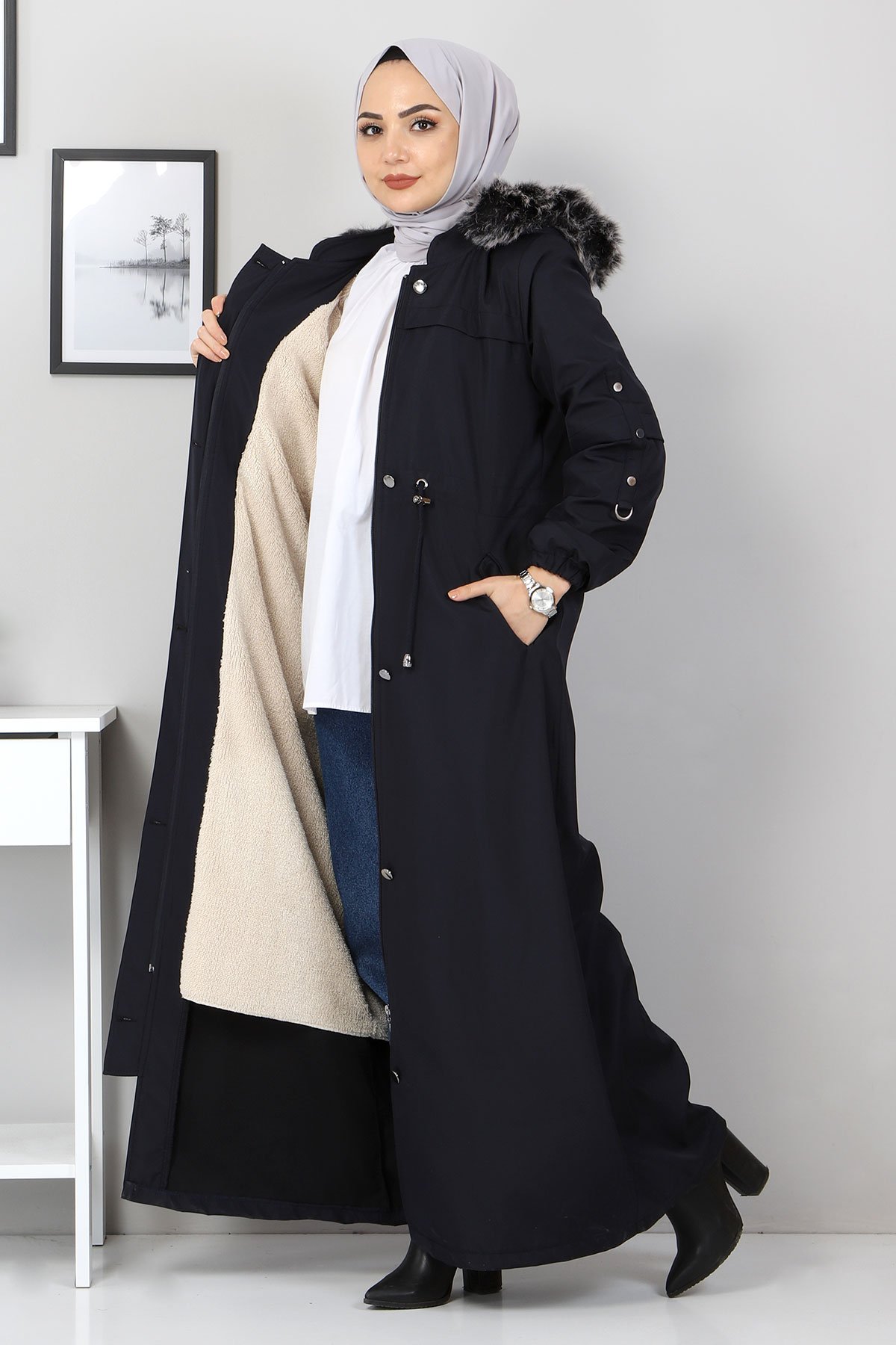 Full Length Fur Coat TSD0883 Navy Blue