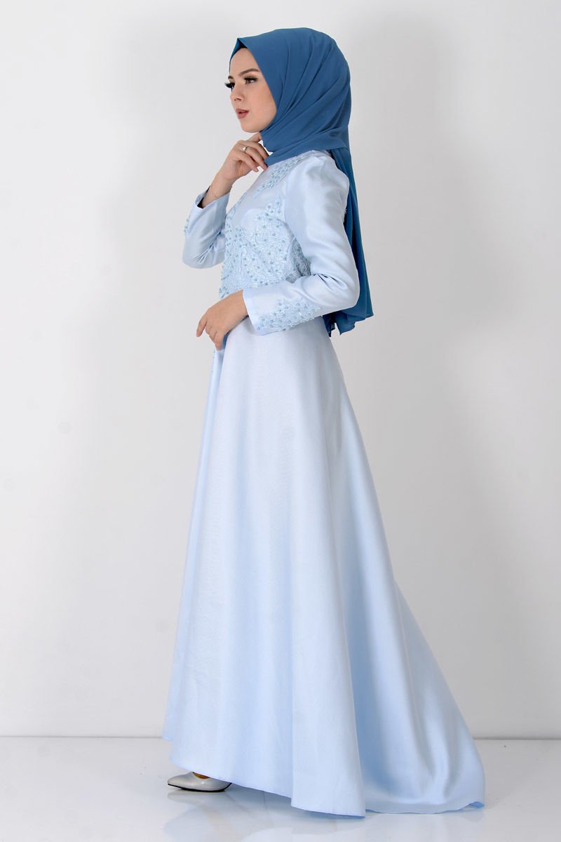 Guipure Detailed Hijab Evening Dress TSD8619 Baby Blue