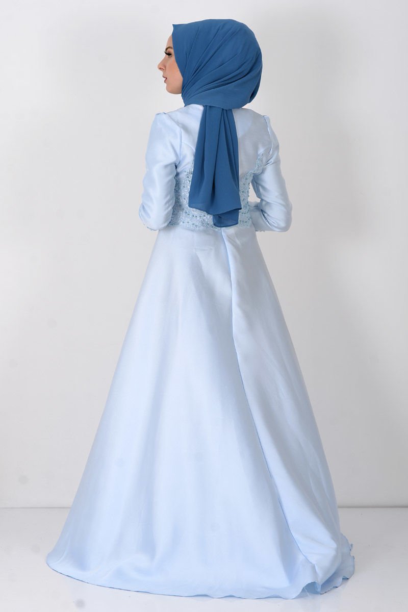 Guipure Detailed Hijab Evening Dress TSD8619 Baby Blue