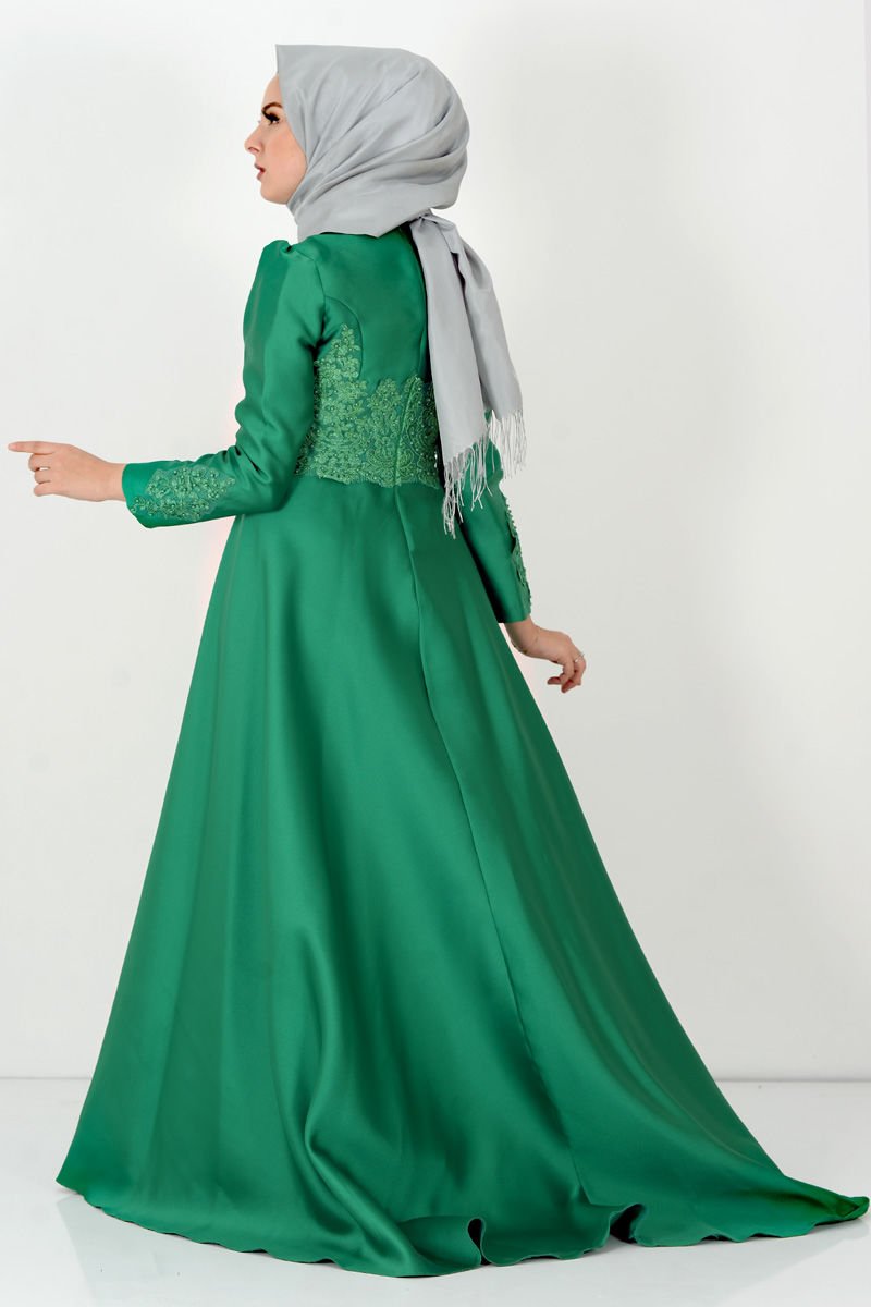 Guipure Detailed Hijab Evening Dress TSD8619 Green