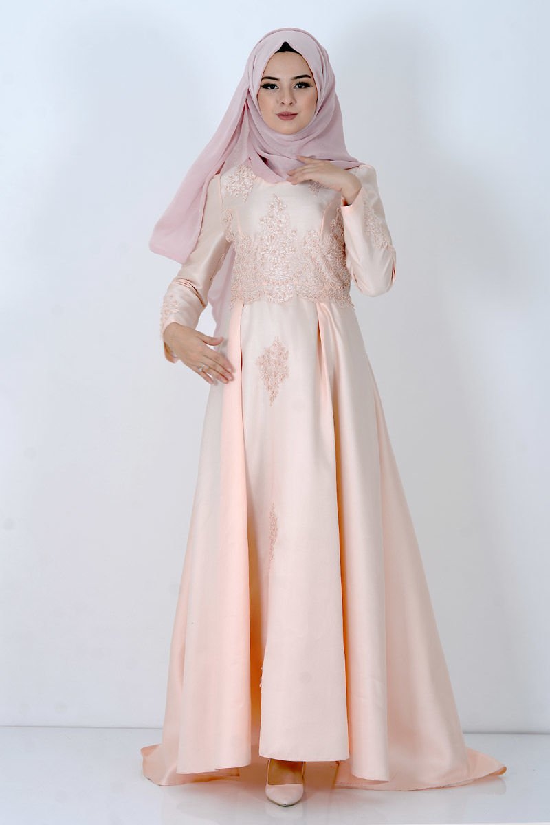 Guipure Detailed Hijab Evening Dress TSD8619 Powder