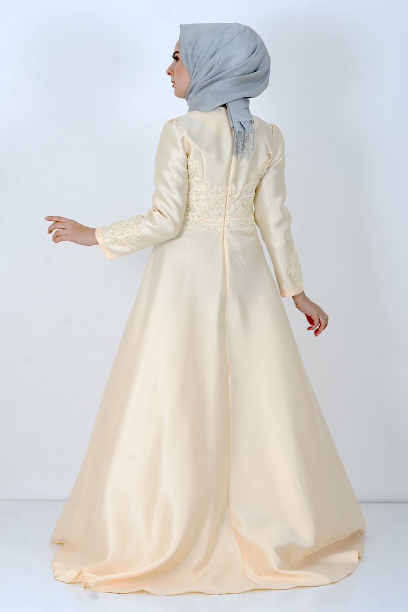 Guipure Detailed Hijab Evening Dress TSD8619 Salmon