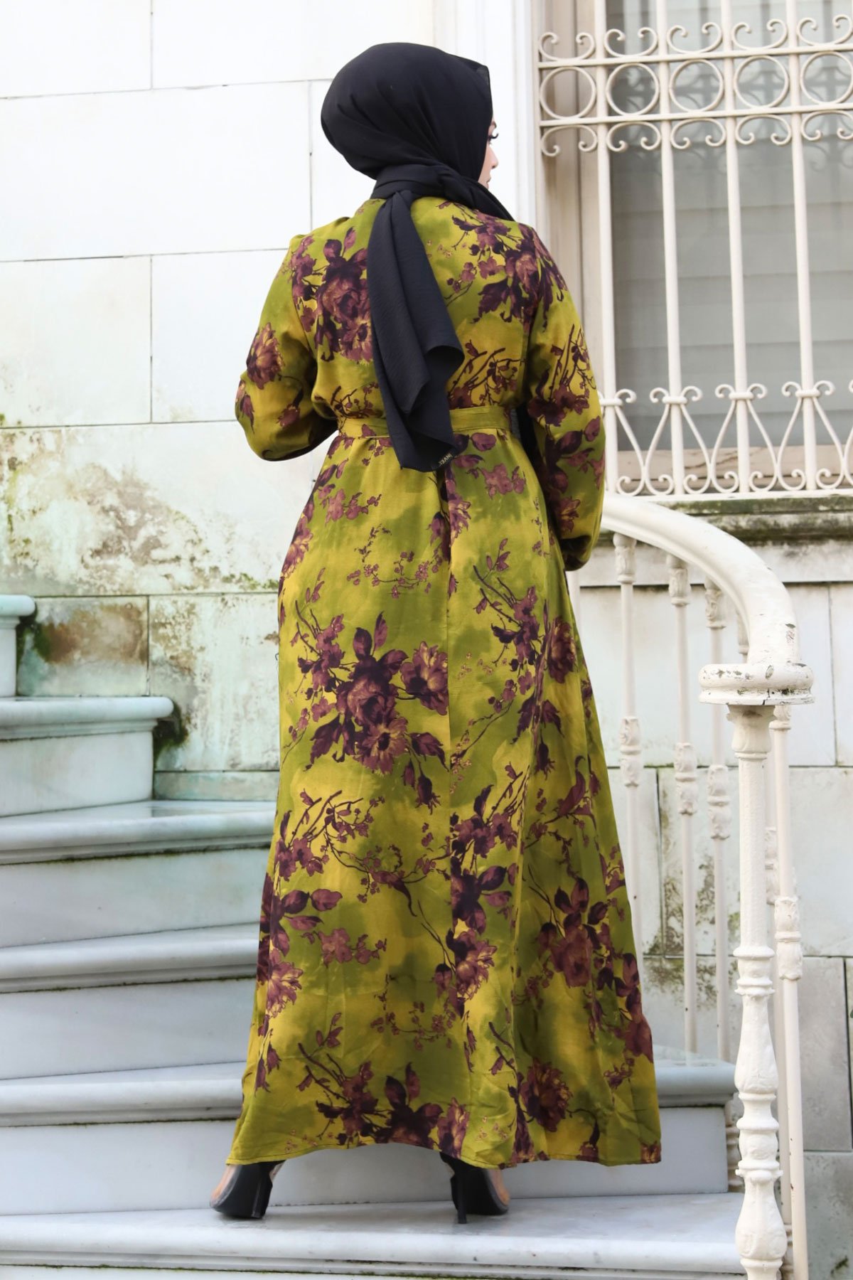 Gül Desenli Beli Kuşaklı Elbise TSD240207 Fıstık Yeşili