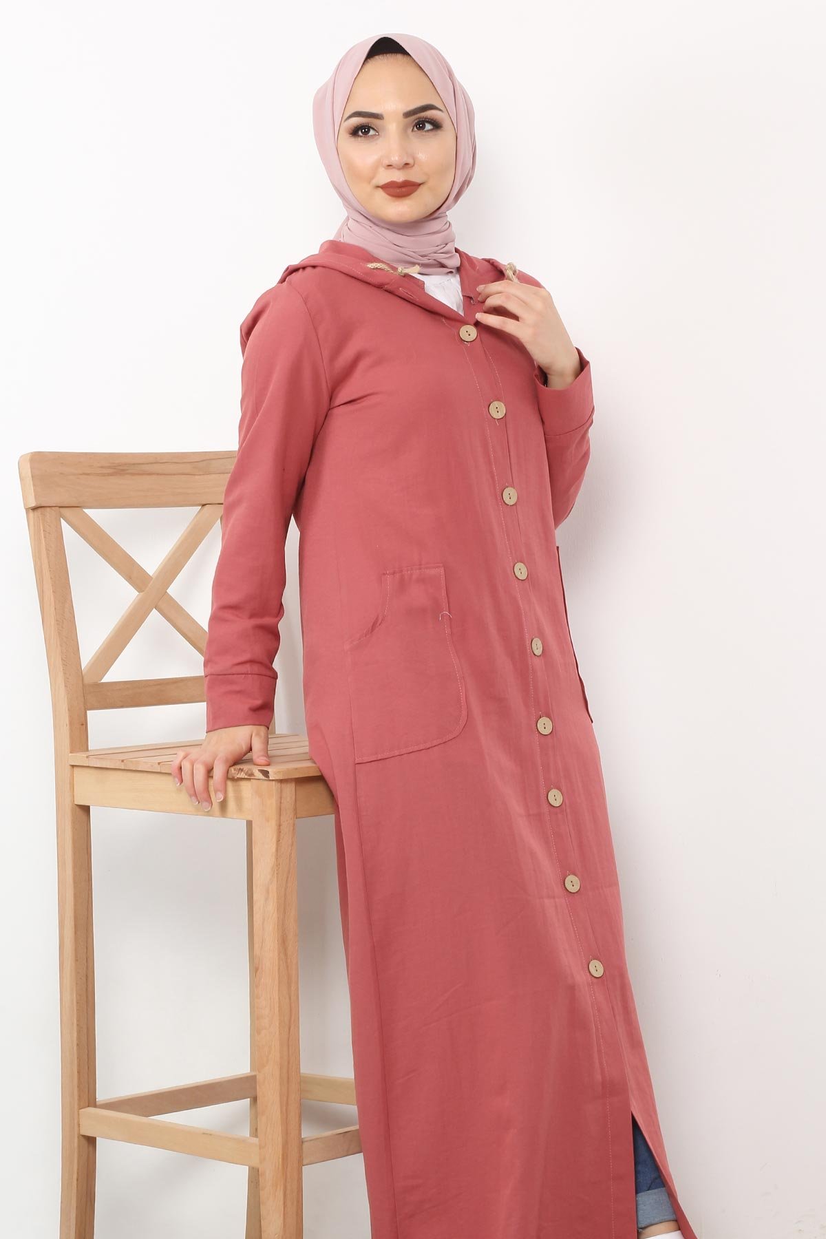 Hooded Buttoned Cape TSD3395 Dried Rose