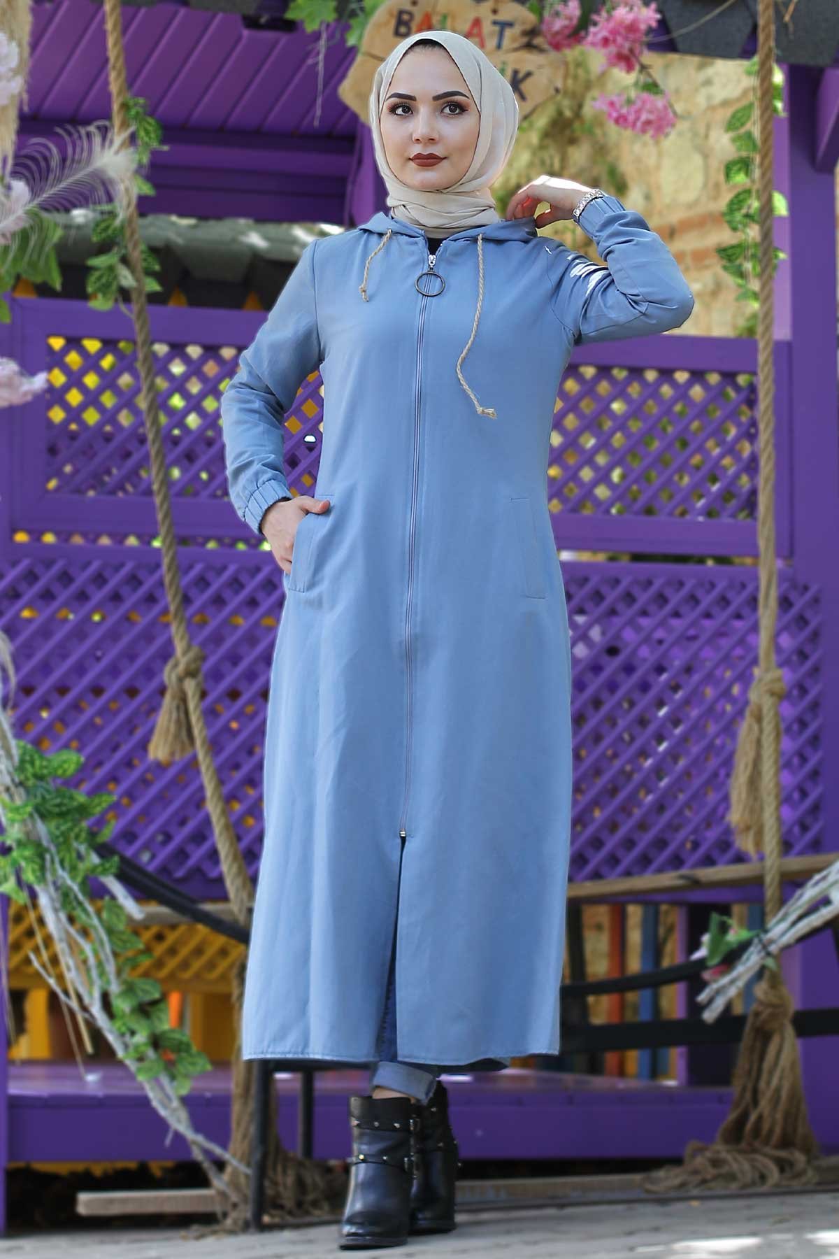 Hooded Hijab Cape TSD1095 Jeans Blue