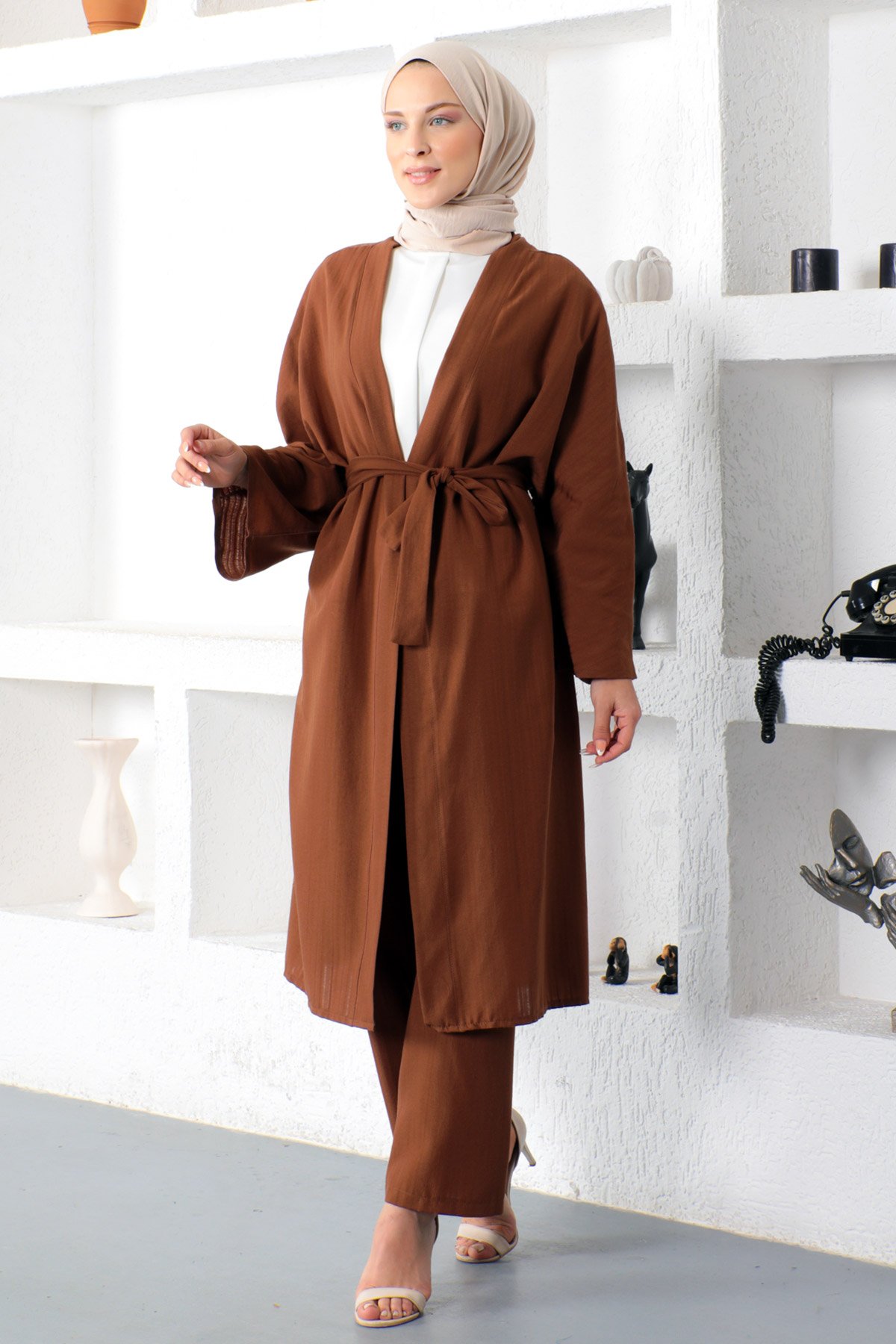 İkili Kimono Takım TSD230106 Kahverengi