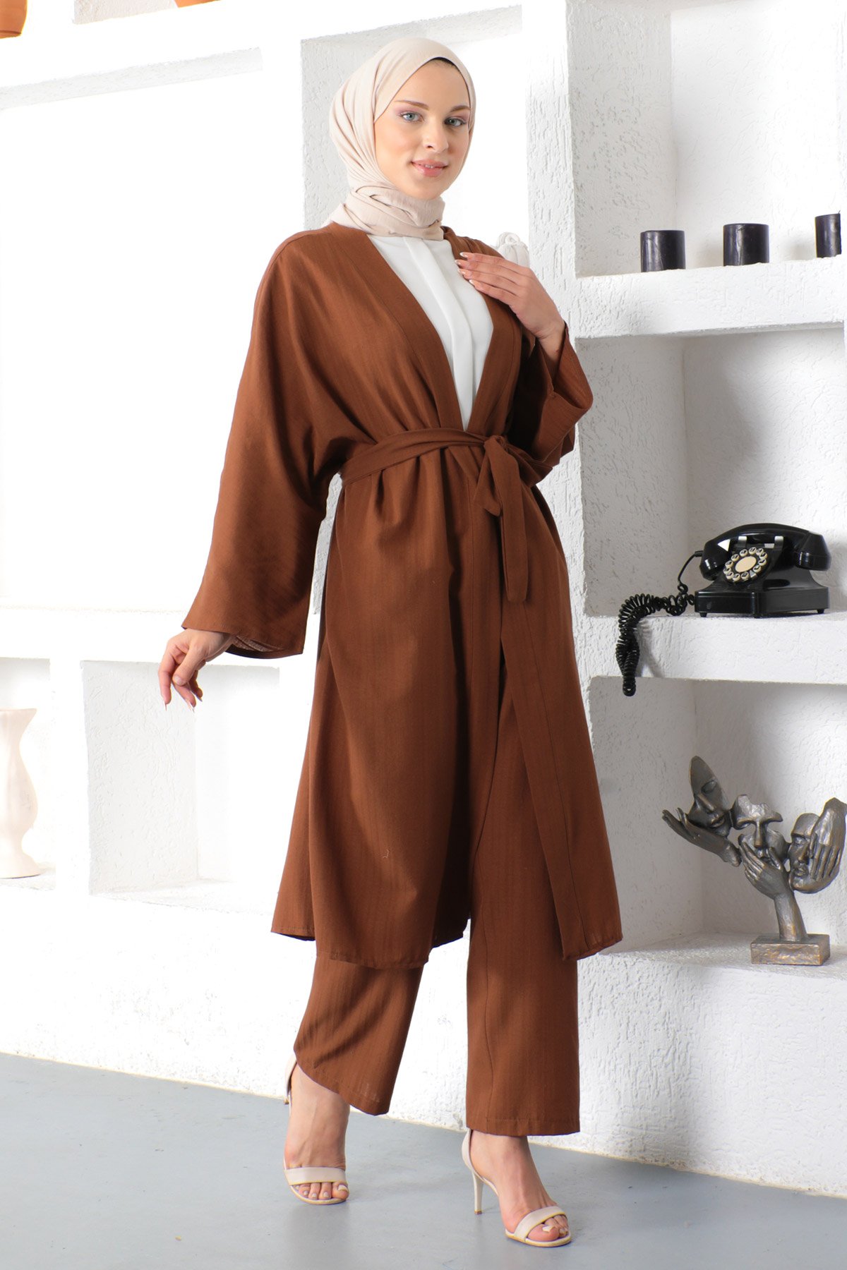 İkili Kimono Takım TSD230106 Kahverengi