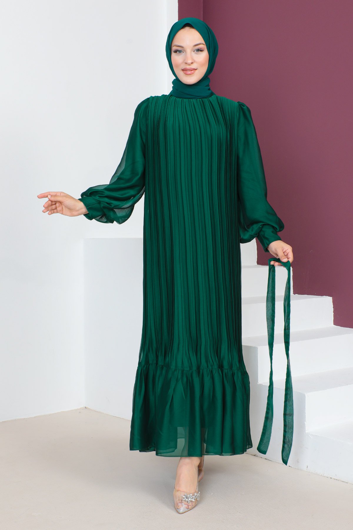 Piliseli Janjan Şifon Elbise TSD230631 Zümrüt Yeşili