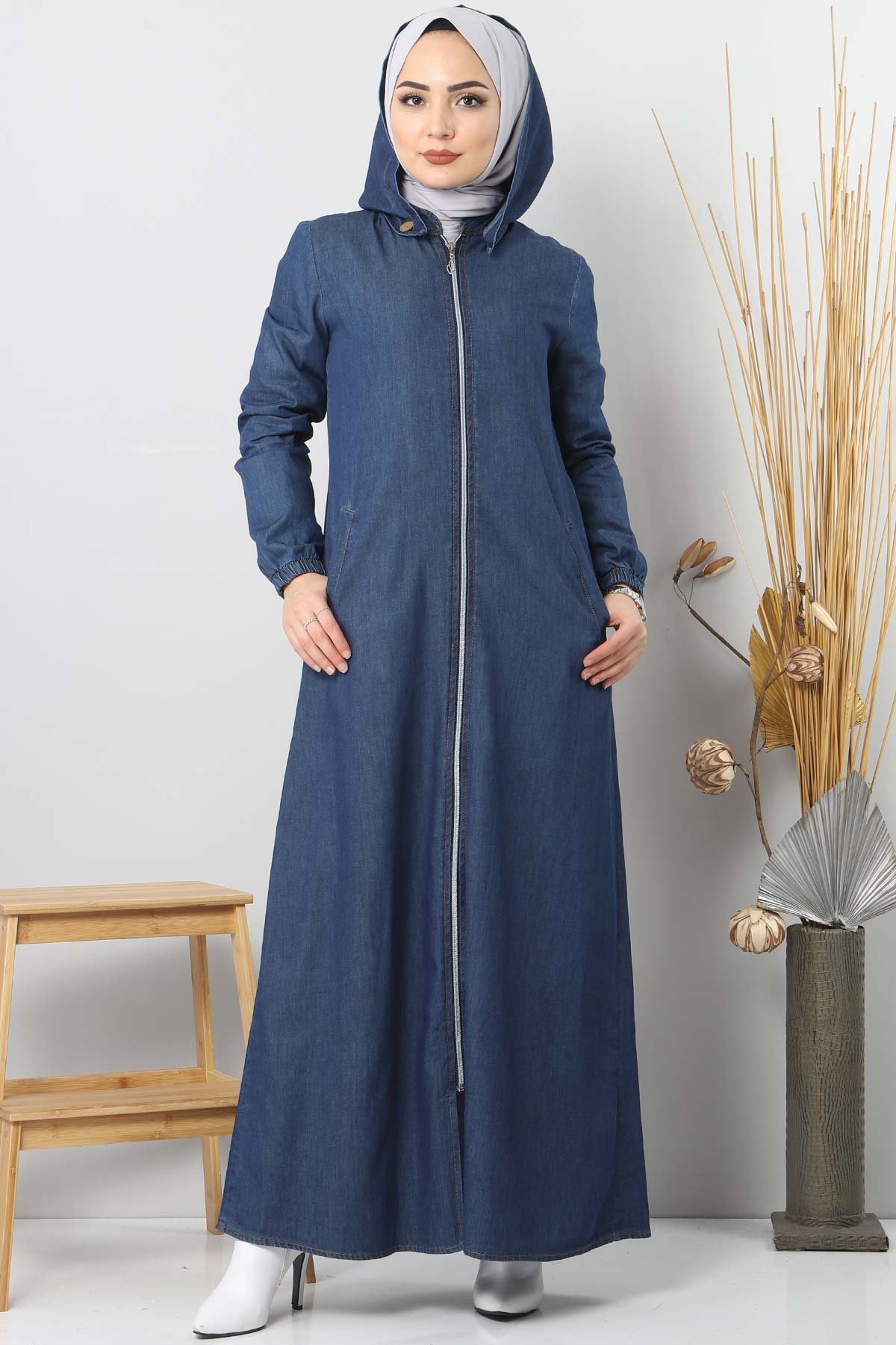 Jeans Hijab Abaya With Buttons Detail TSD 8220 Navy Blue