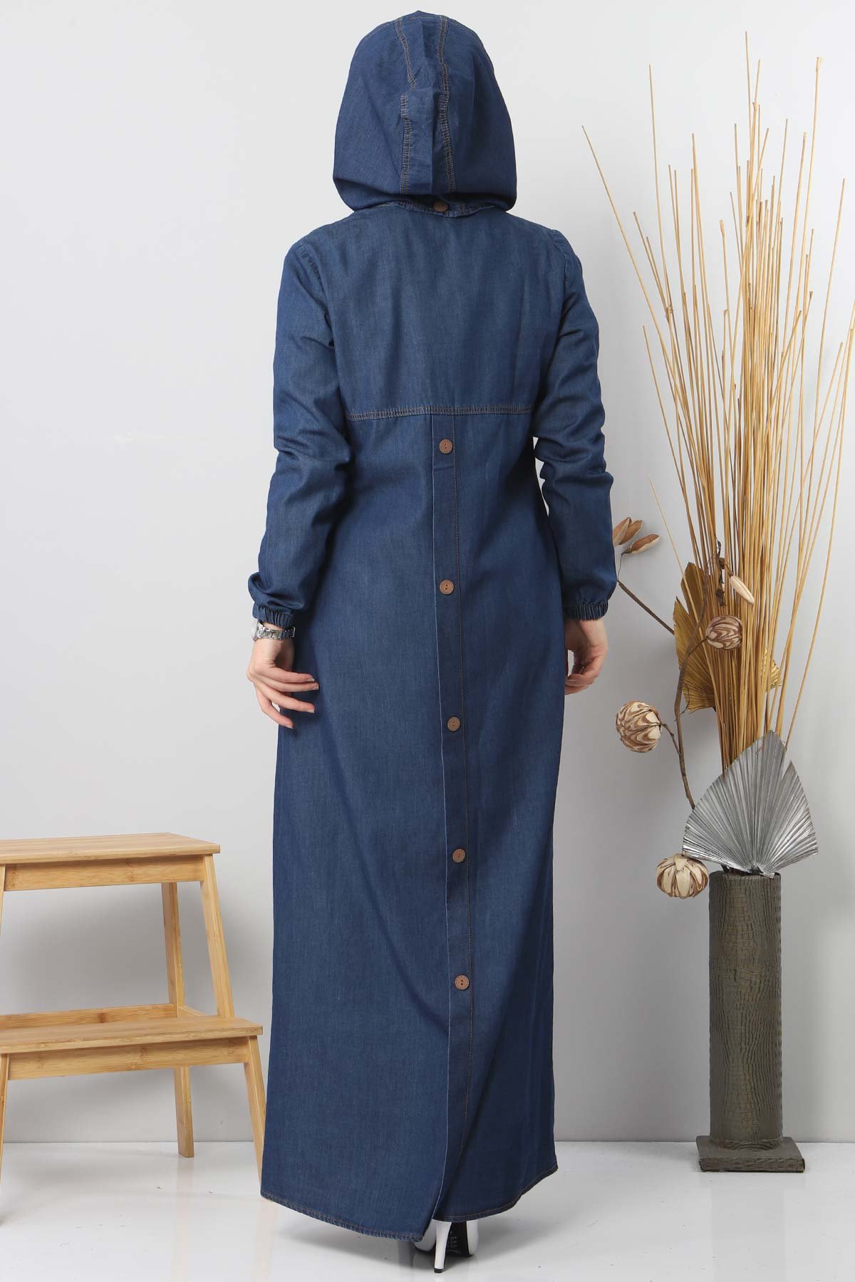 Jeans Hijab Abaya With Buttons Detail TSD 8220 Navy Blue