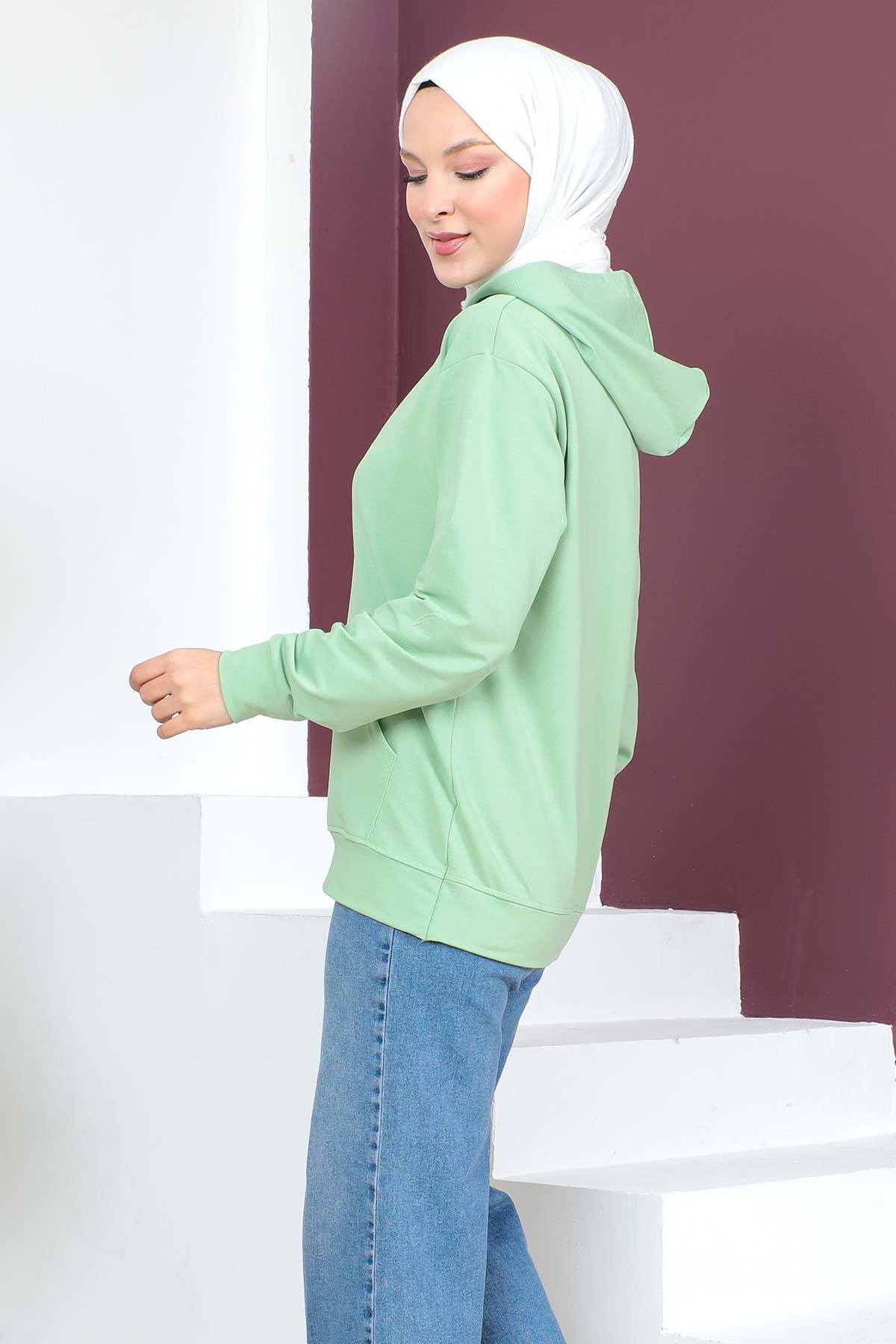 Kapşonlu Kısa Sweatshirt TSD230427 Mint Yeşili
