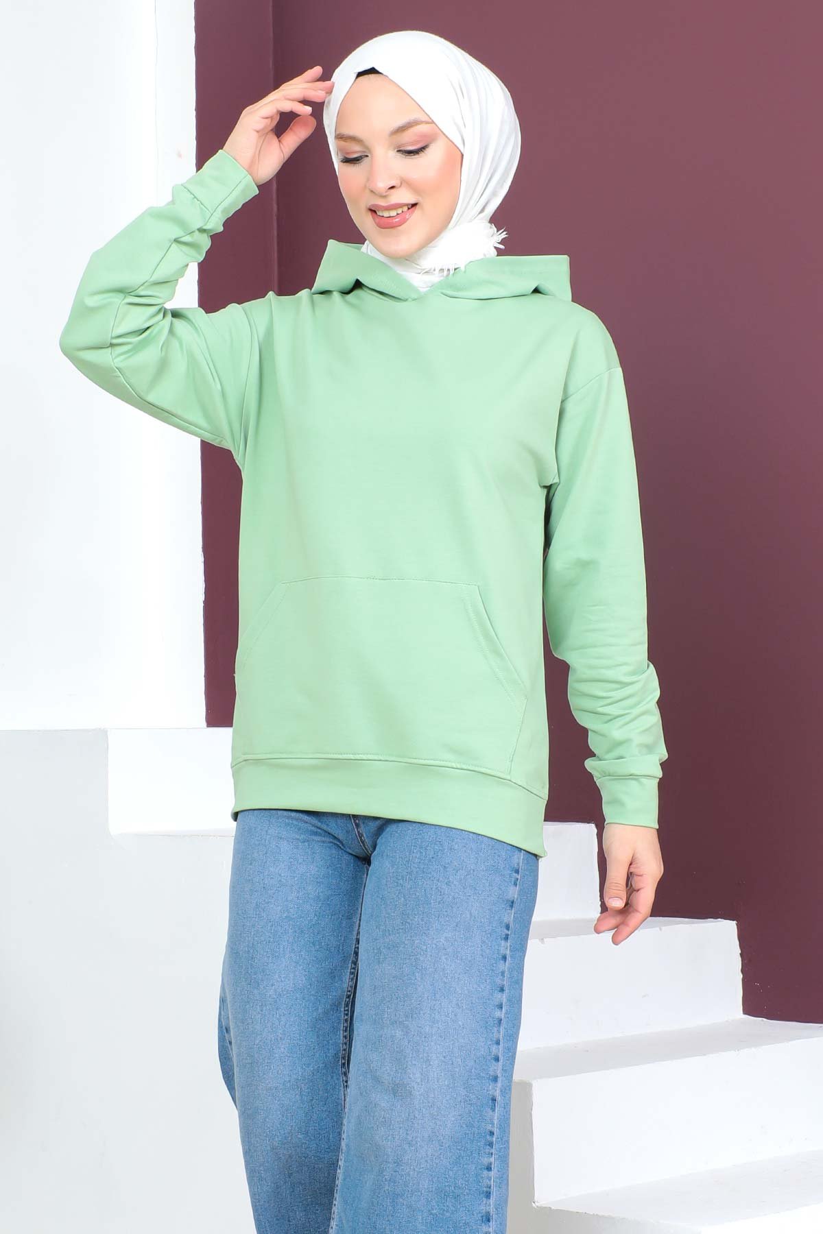 Kapşonlu Kısa Sweatshirt TSD230427 Mint Yeşili