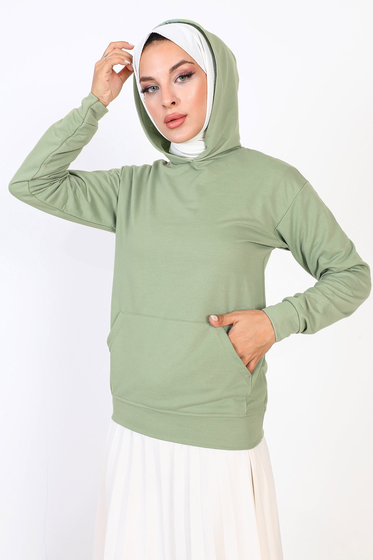 Kapşonlu Kısa Sweatshirt TSD230427 Su Yeşili