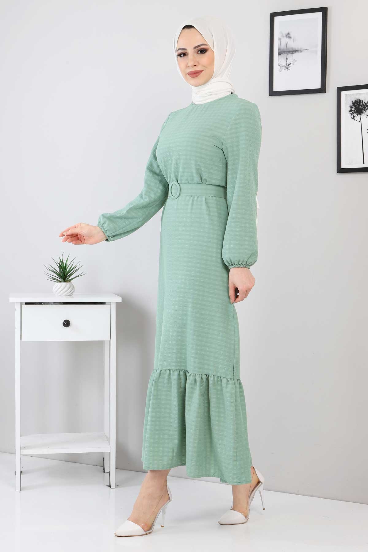 Kemer Detaylı Kareli Elbise TSD220133 Yeşil