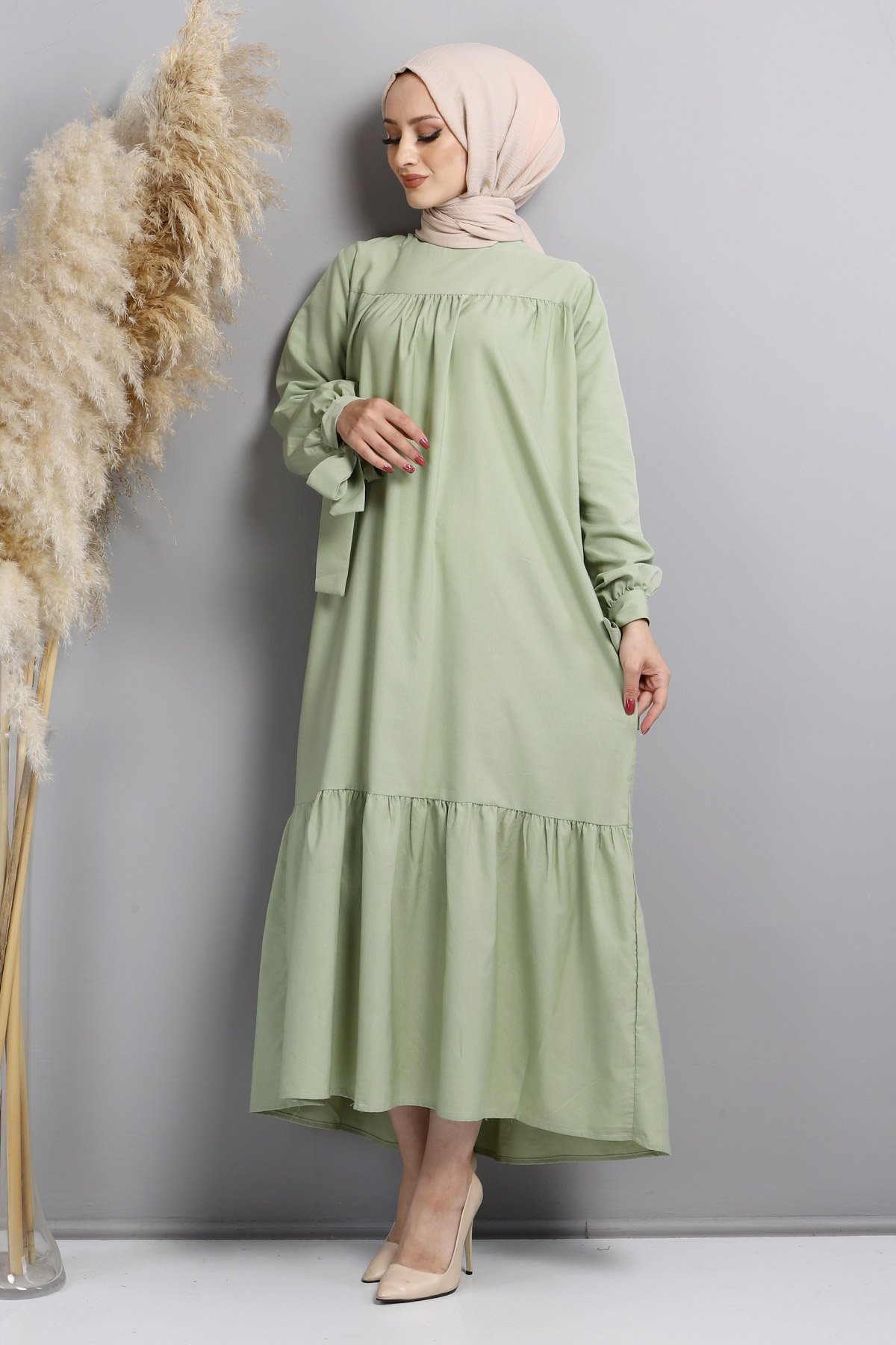 Kol Ucu Bağlamalı Elbise TSD220609 Çağla Yeşili